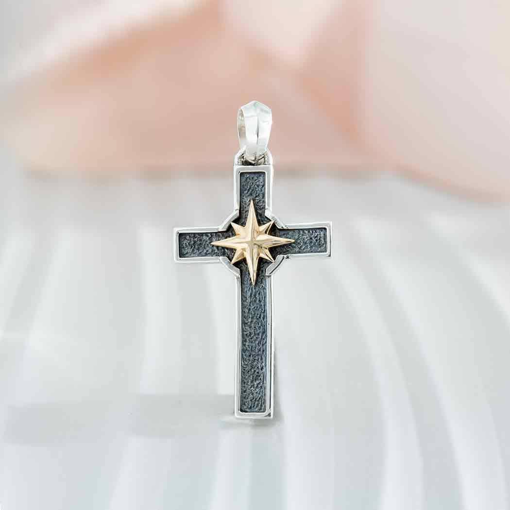 Two Tone Cross Necklace | Silver Gold Cross Medallion | Mixed Metal Cross | Sterling Cross North Star | Cross and Compass Pendant