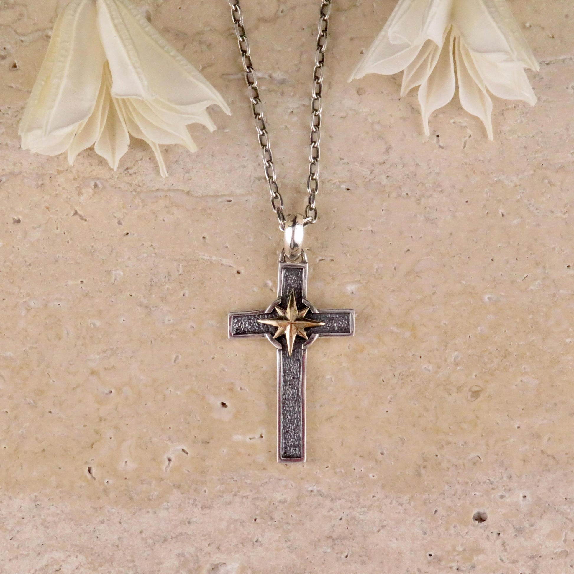 Two Tone Cross Necklace | Silver Gold Cross Medallion | Mixed Metal Cross | Sterling Cross North Star | Cross and Compass Pendant