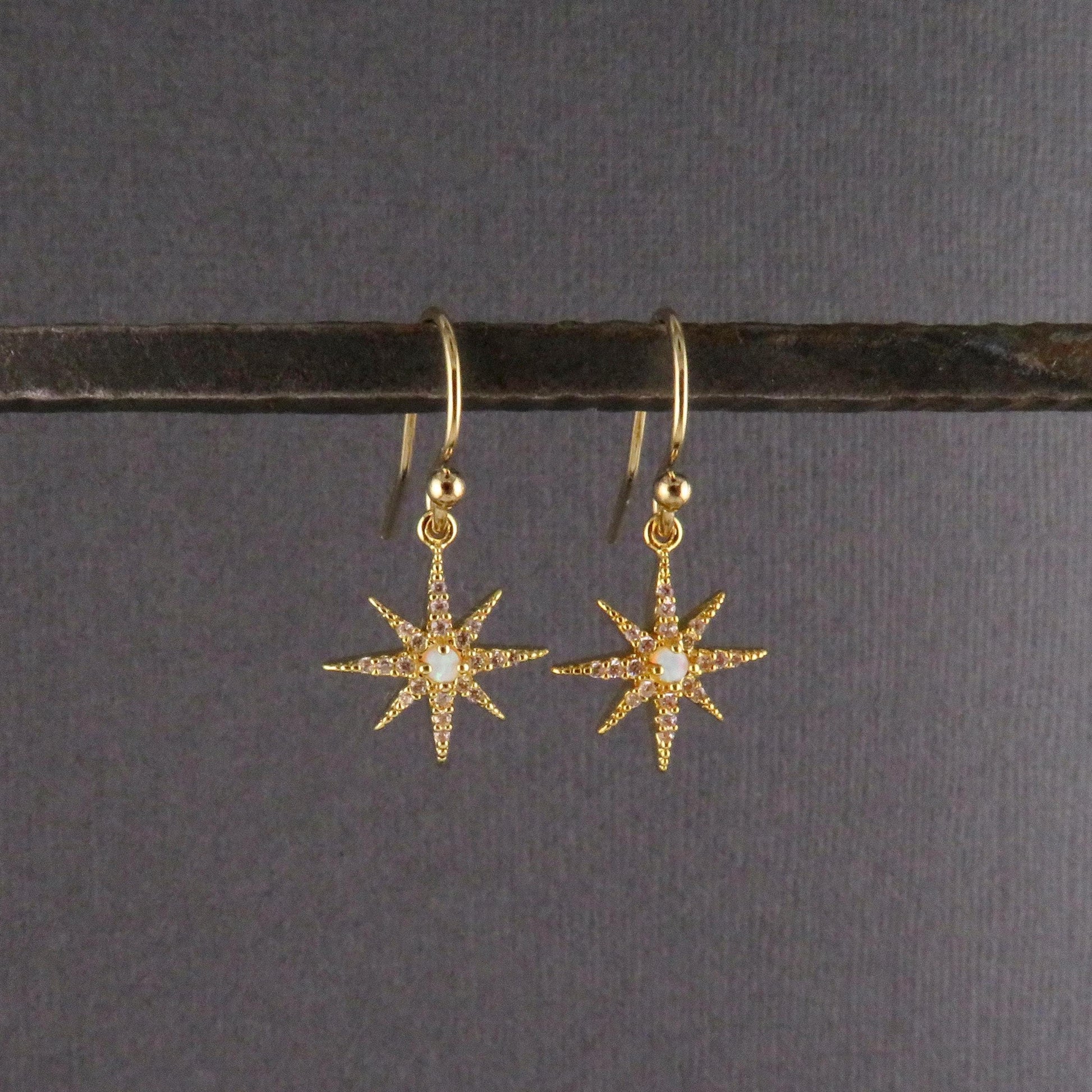 Delicate Star Opal Earrings | Gold Opal Starburst Earrings | Gold Opal Earrings | Opal CZ Earrings | White Opal Star Earring | Spiked Stars