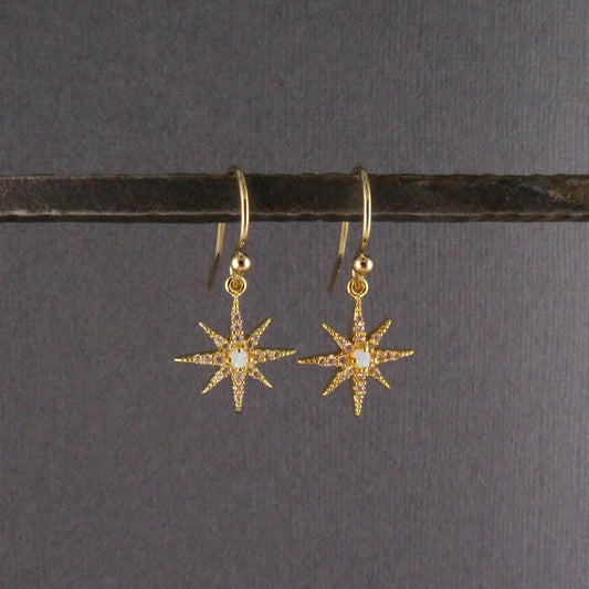 Delicate Star Opal Earrings | Gold Opal Starburst Earrings | Gold Opal Earrings | Opal CZ Earrings | White Opal Star Earring | Spiked Stars
