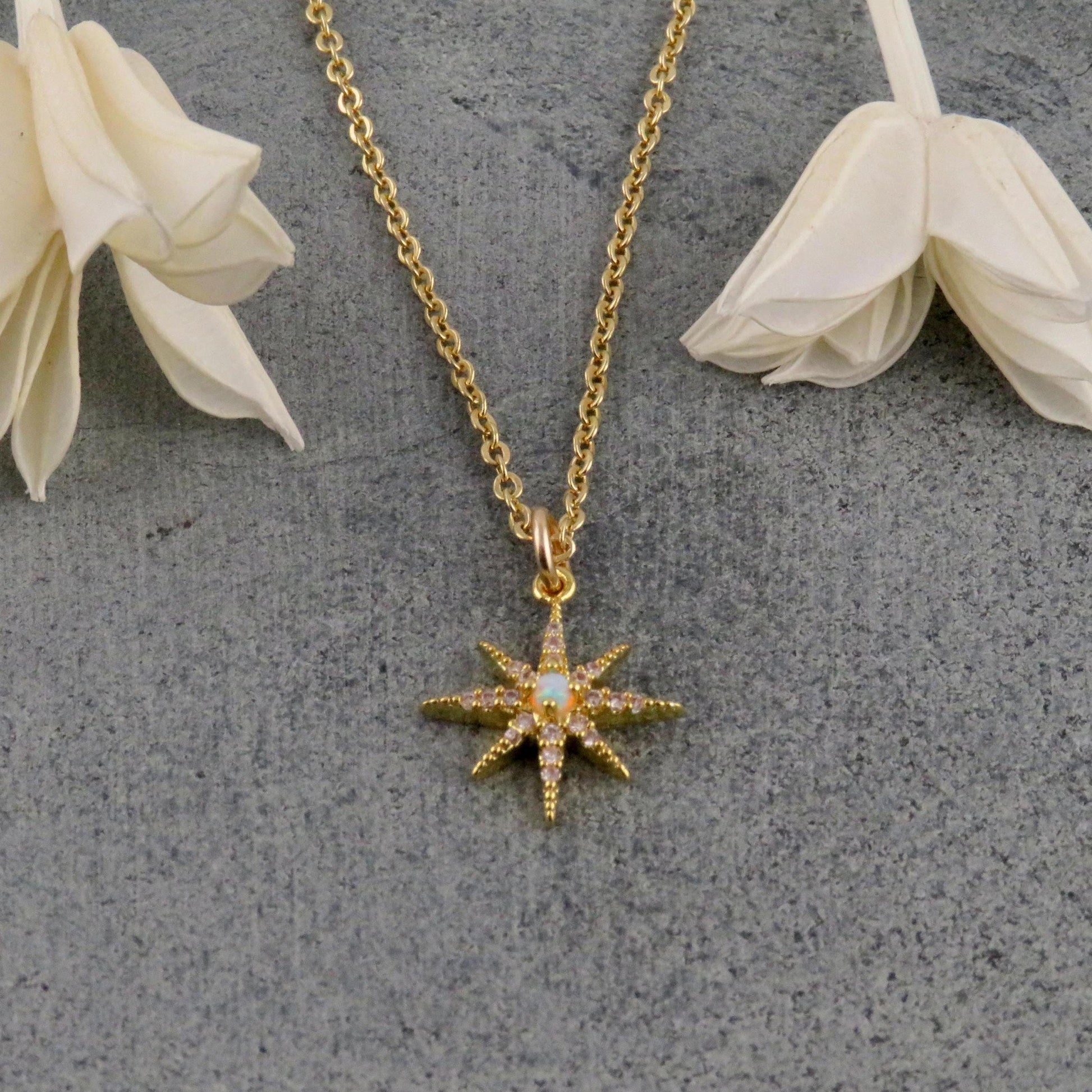 Delicate Star Opal Necklace | Gold Opal Starburst Necklace | Gold Opal Charm | Opal CZ Necklace | White Opal Star Necklace