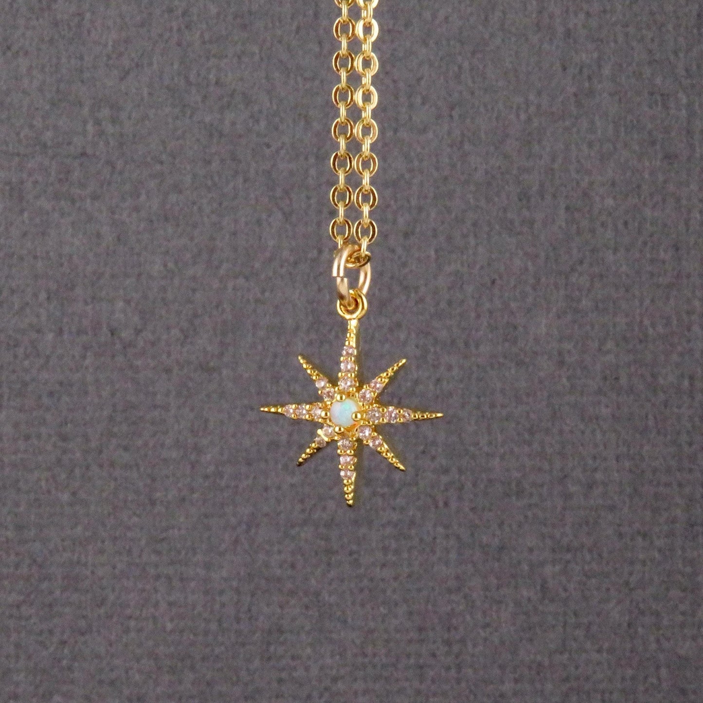 Delicate Star Opal Necklace | Gold Opal Starburst Necklace | Gold Opal Charm | Opal CZ Necklace | White Opal Star Necklace