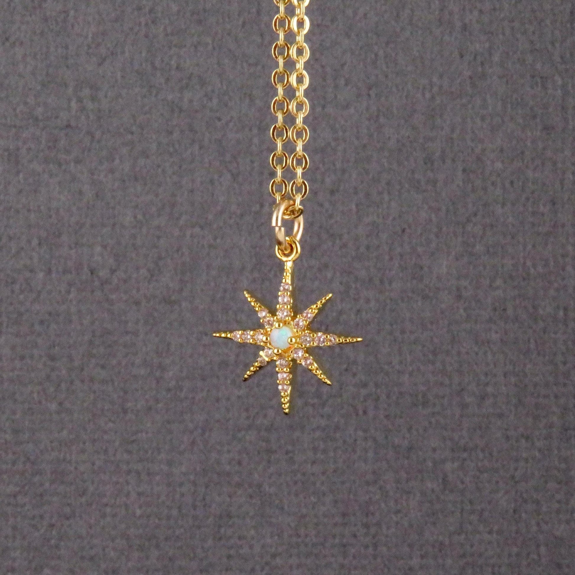 Delicate Star Opal Necklace | Gold Opal Starburst Necklace | Gold Opal Charm | Opal CZ Necklace | White Opal Star Necklace