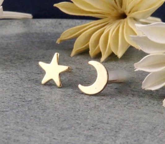 Celestial Post Earrings | Gold Star Moon Earrings | Mismatched Earrings | Gold Celestial Studs | Gold Filled Moon Star Earrings | Gold Posts