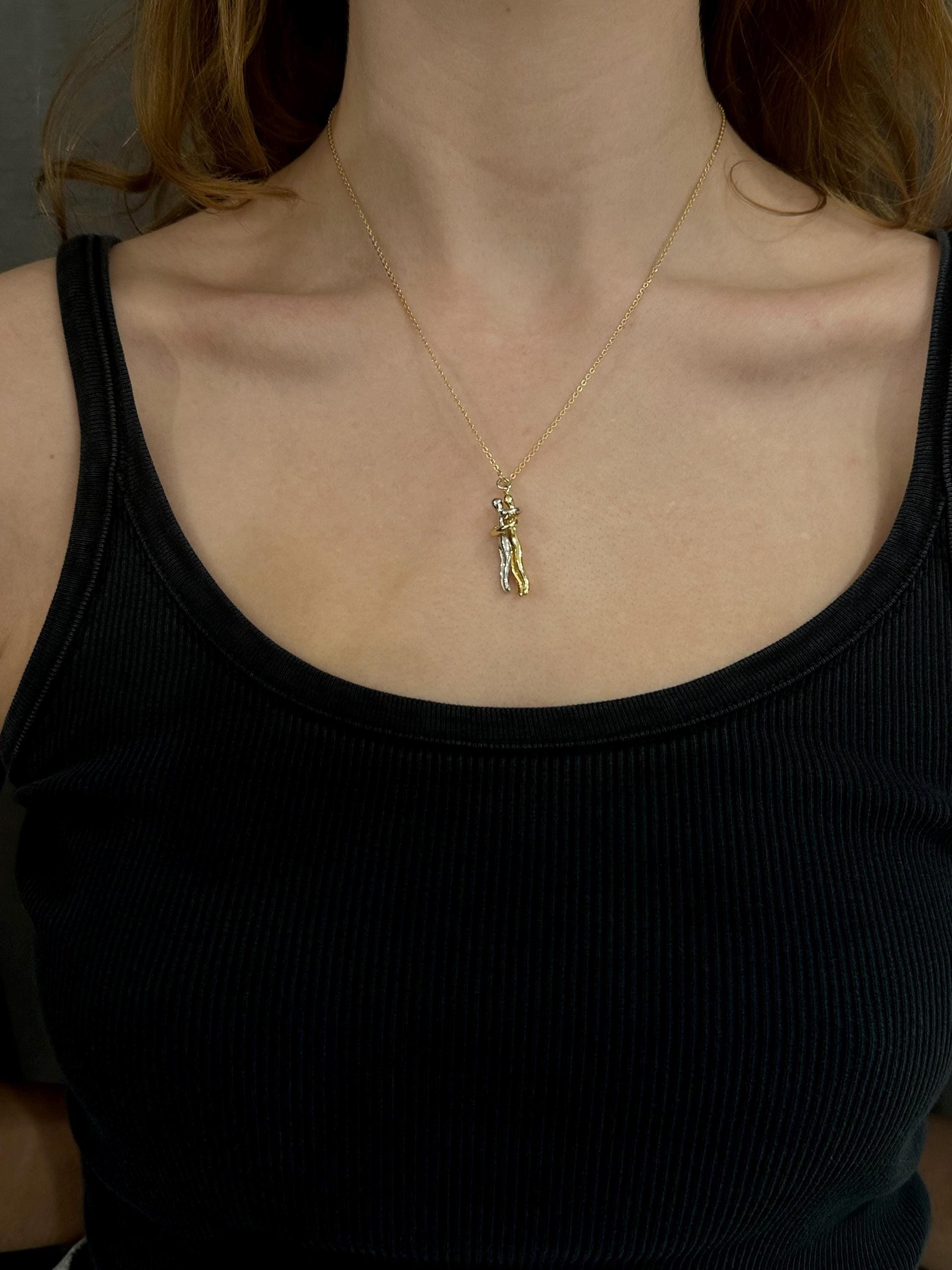 Two Lovers Necklace | Gold Silver Love Necklace | Mixed Metal Lovers Necklace | Two Tone Lovers Pendant | Couple Necklace | In Love Necklace
