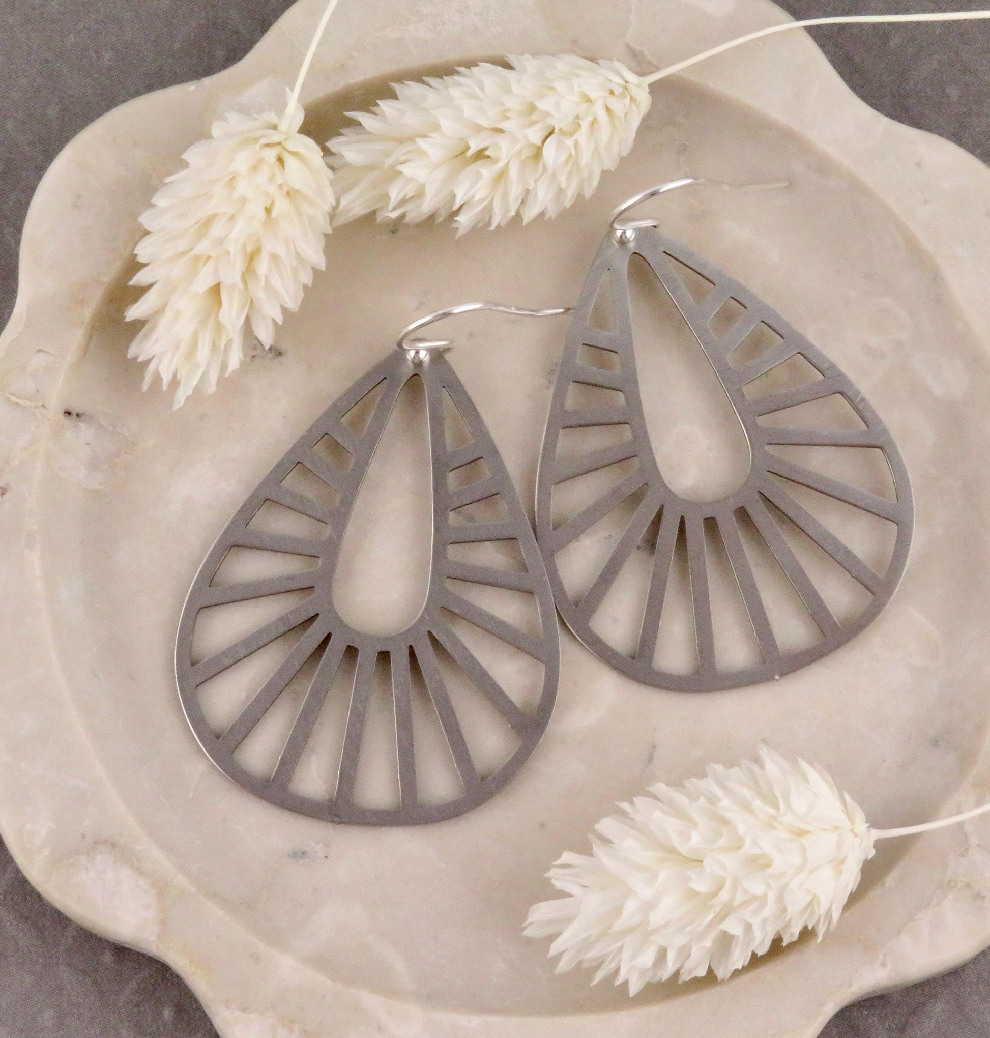Silver Geometric Earring | Silver Rays Earrings | Silver Teardrops | Silver Drop Earrings | Laser Cut Earrings | Cut Out Large Earrings
