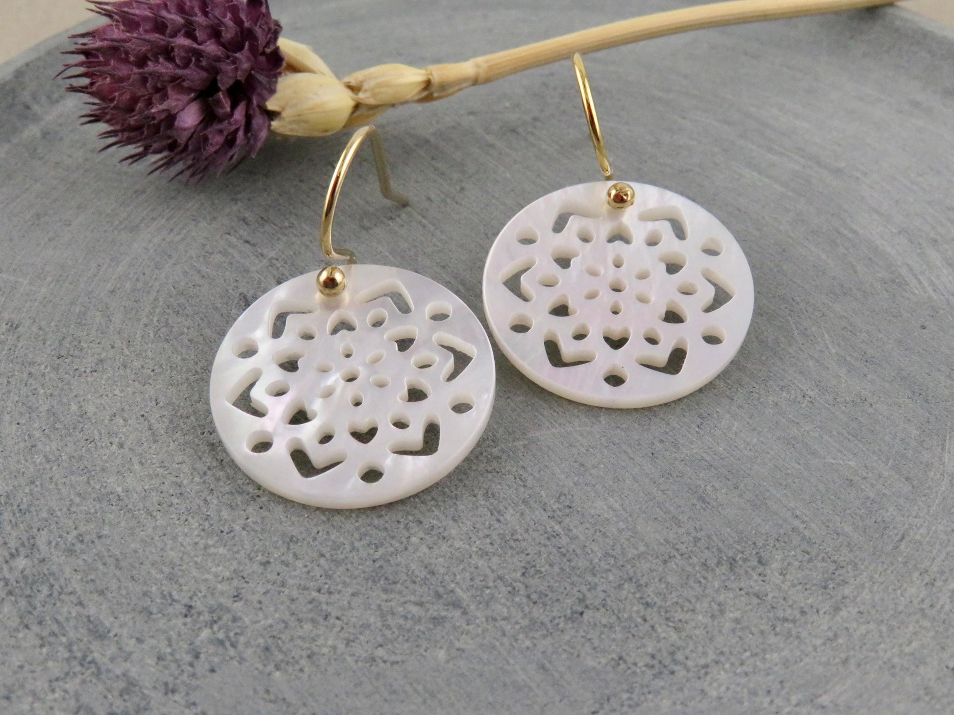 Mother of Pearl Earrings | Pearl Mandala Earrings | Pearl Geometric Earrings | Mother of Pearl Circle Earrings | Carved Pearl Earrings