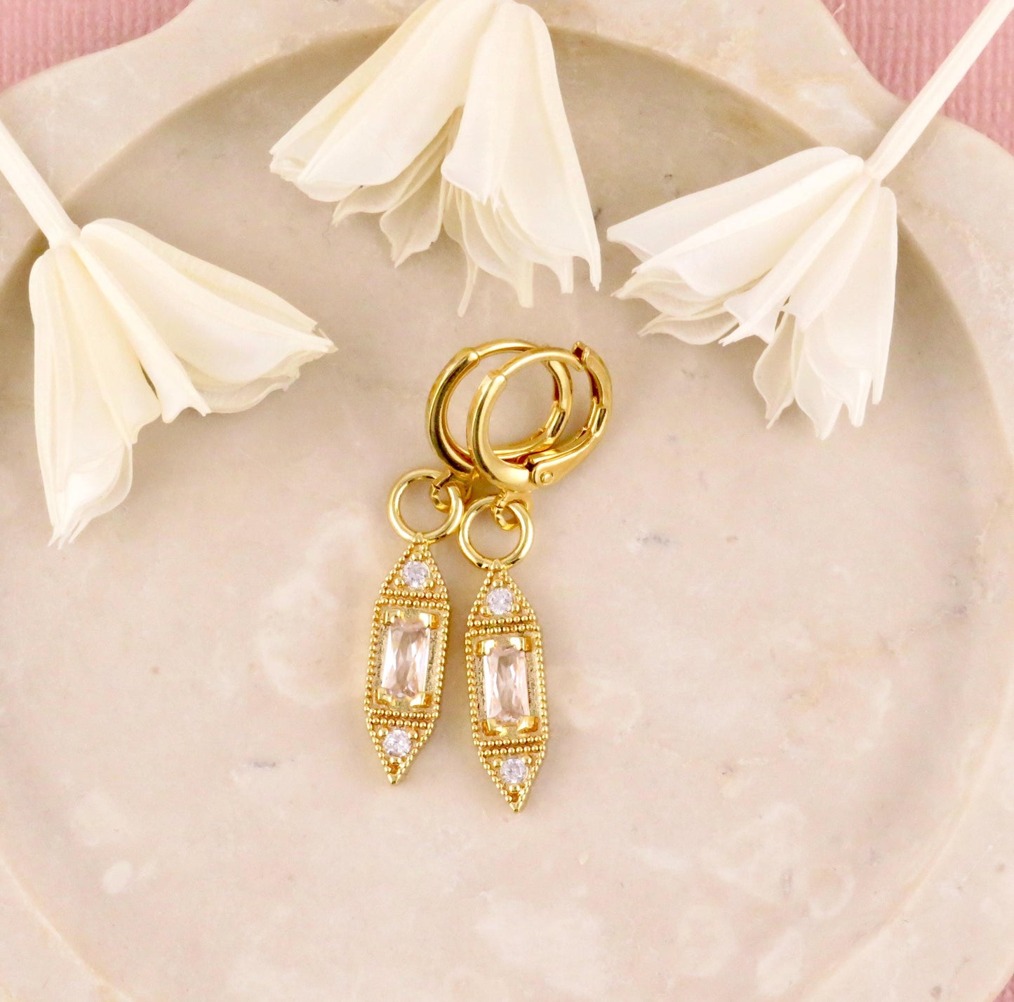 Gold Geometric Sparkly Earrings | CZ Gold Bar Earrings | Gold Geo Hoop Earrings | Sparkly Gold Drop Earrings | Fancy Gold Shapes Earrings