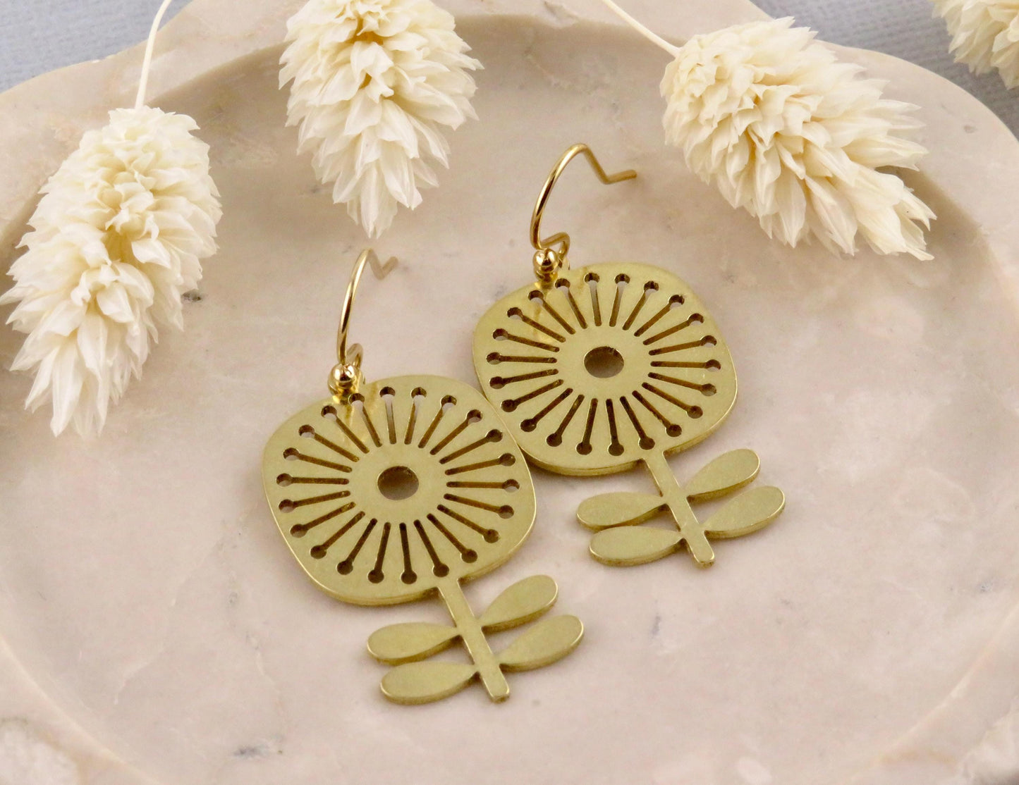 Gold Flower Earrings | Lightweight Flower Earrings | Brass Flower Earrings | Floral Earrings | Laser Cut Flower Earrings | Cut Out Flowers
