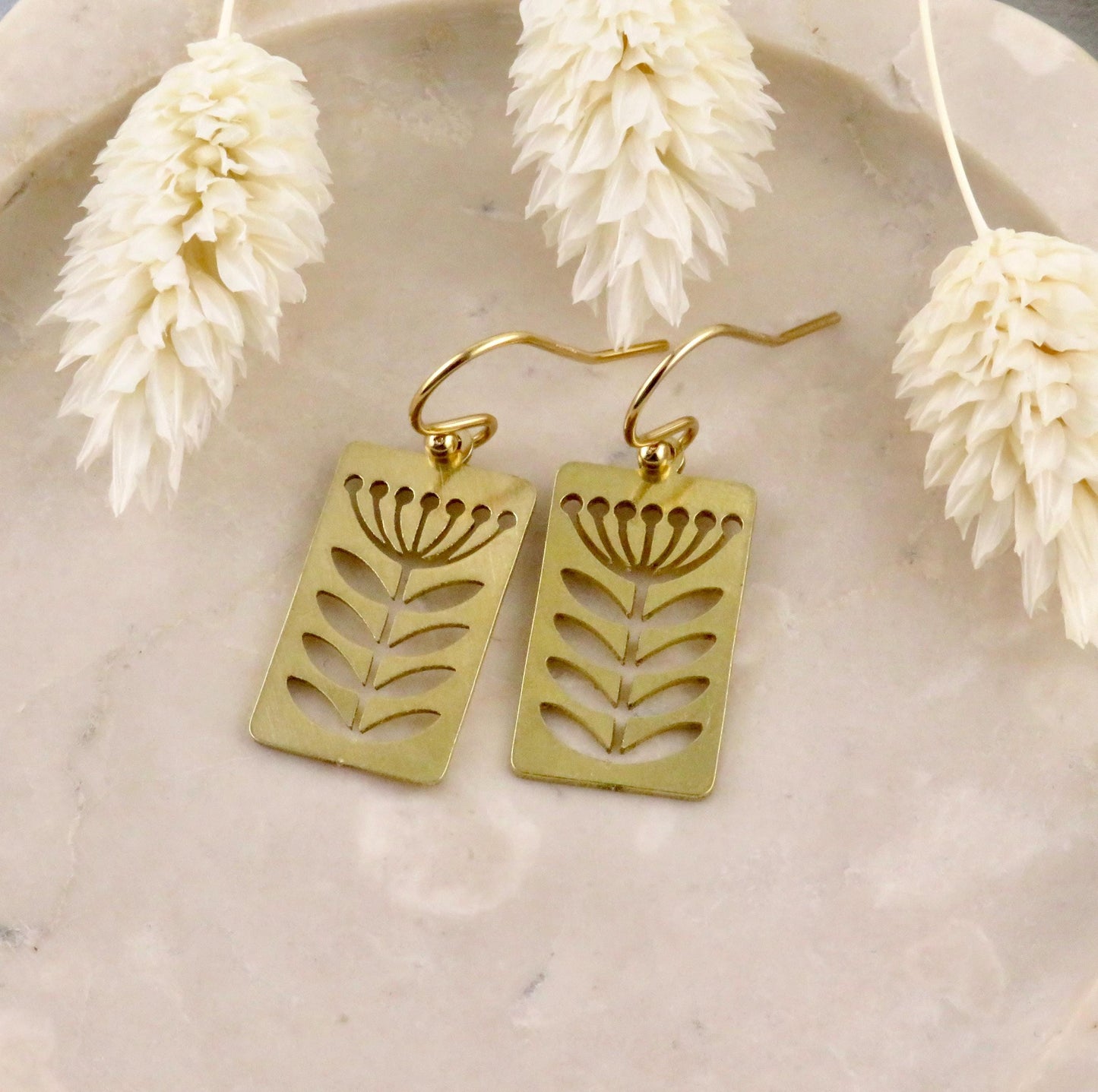 Gold Flower Earrings | Lightweight Flower Earrings | Brass Flower Earrings | Floral Stem Earrings | Laser Cut Flowers | Cut Out Flowers