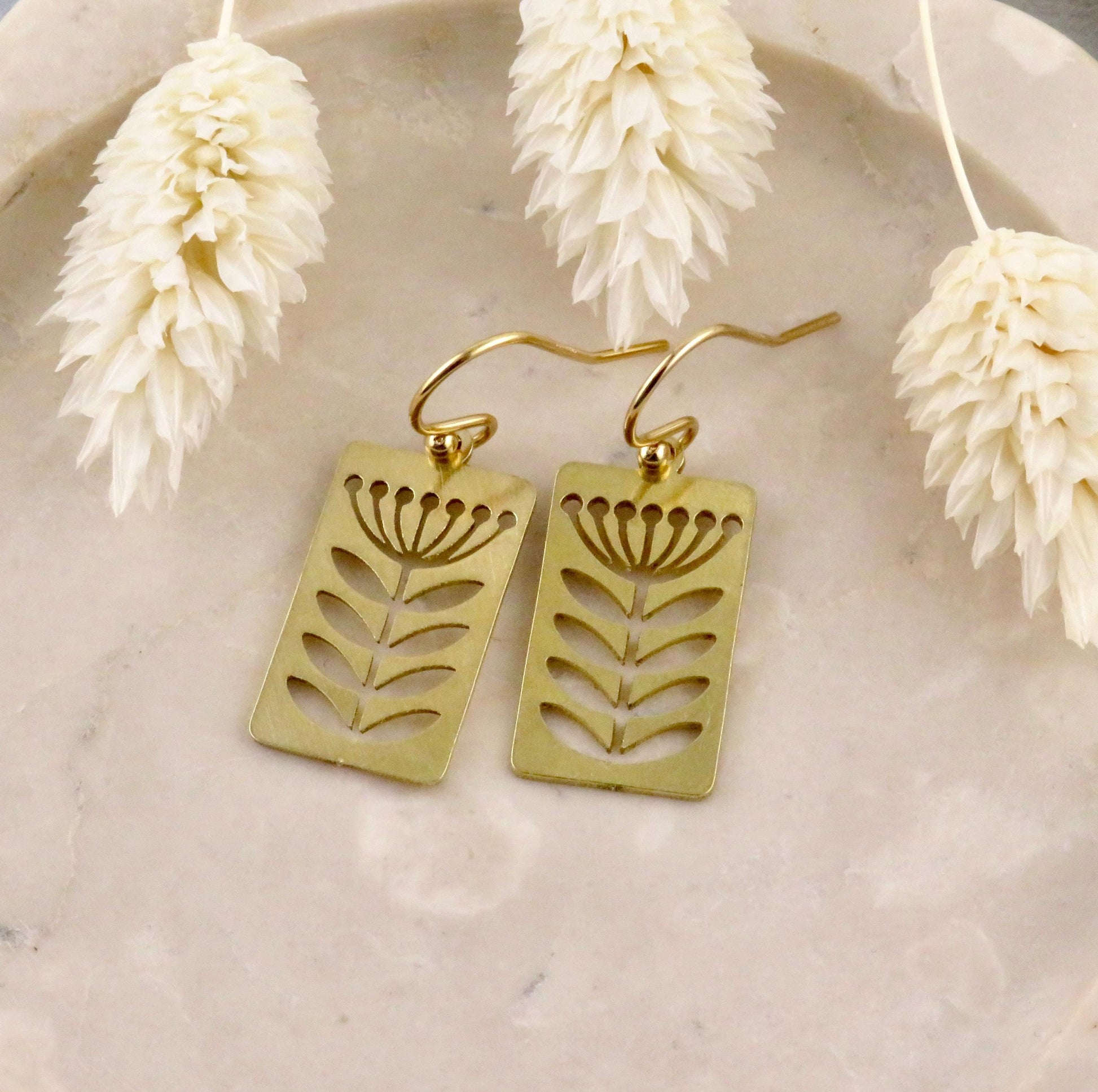 Gold Flower Earrings | Lightweight Flower Earrings | Brass Flower Earrings | Floral Stem Earrings | Laser Cut Flowers | Cut Out Flowers