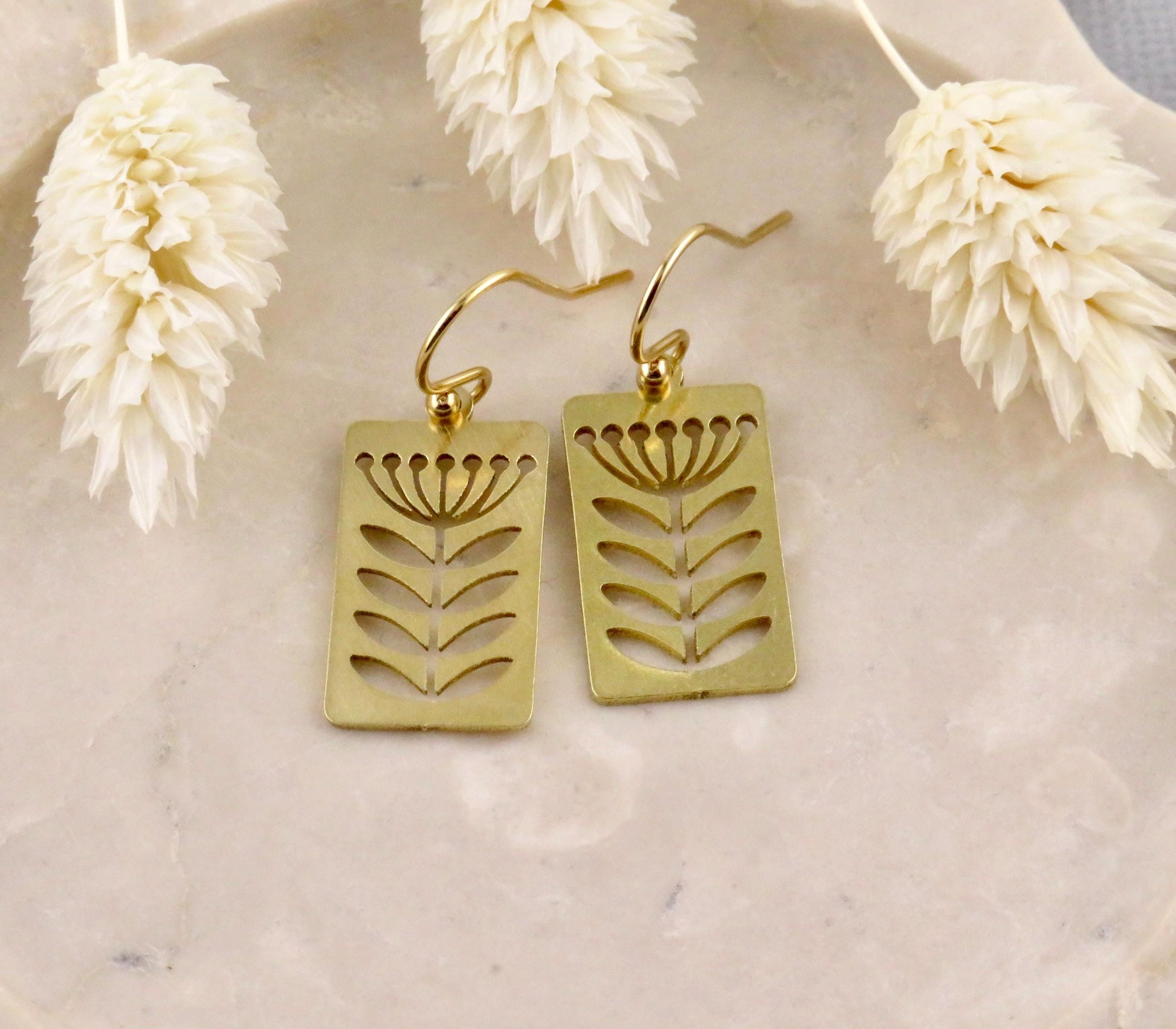 Gold Flower Earrings | Lightweight Flower Earrings | Brass Flower Earrings | Floral Stem Earrings | Laser Cut Flowers | Cut Out Flowers