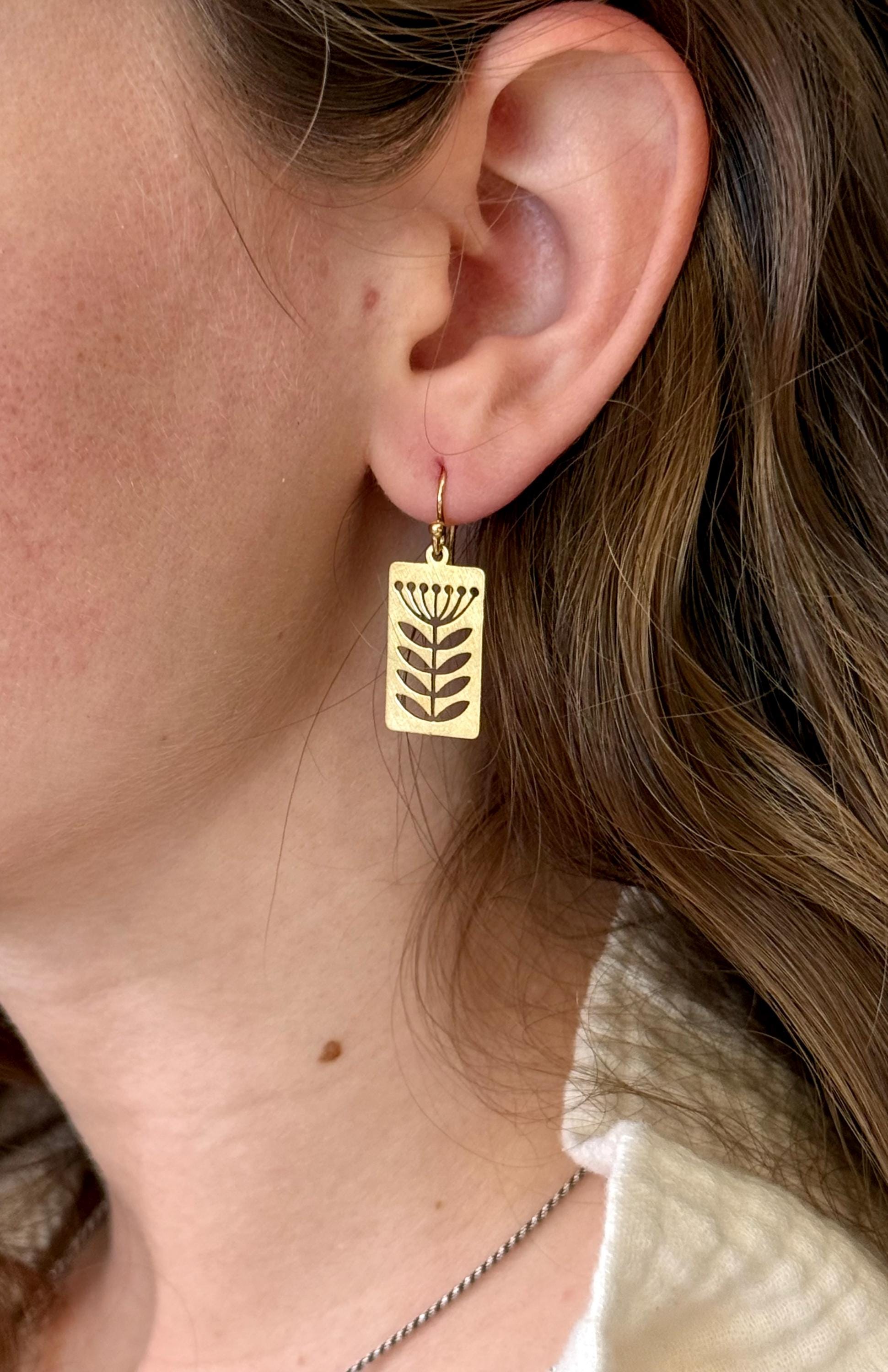 Gold Flower Earrings | Lightweight Flower Earrings | Brass Flower Earrings | Floral Stem Earrings | Laser Cut Flowers | Cut Out Flowers