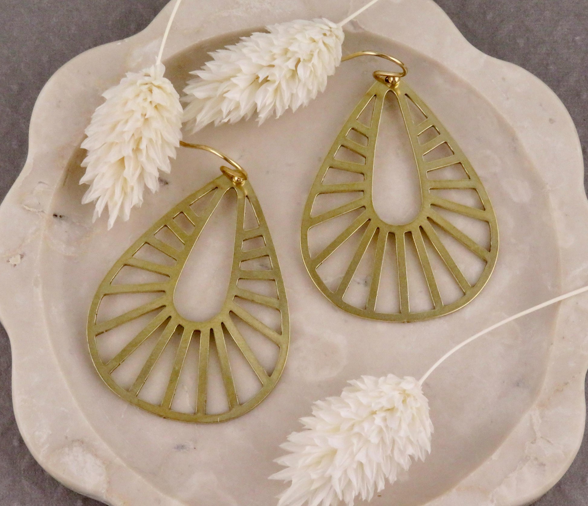 Gold Geometric Earring | Gold Rays Earrings | Gold Teardrops | Brass Drop Earrings | Laser Cut Earrings | Cut Out Large Gold Earrings