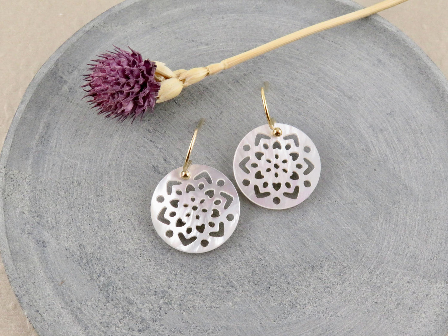 Mother of Pearl Earrings | Pearl Mandala Earrings | Pearl Geometric Earrings | Mother of Pearl Circle Earrings | Carved Pearl Earrings
