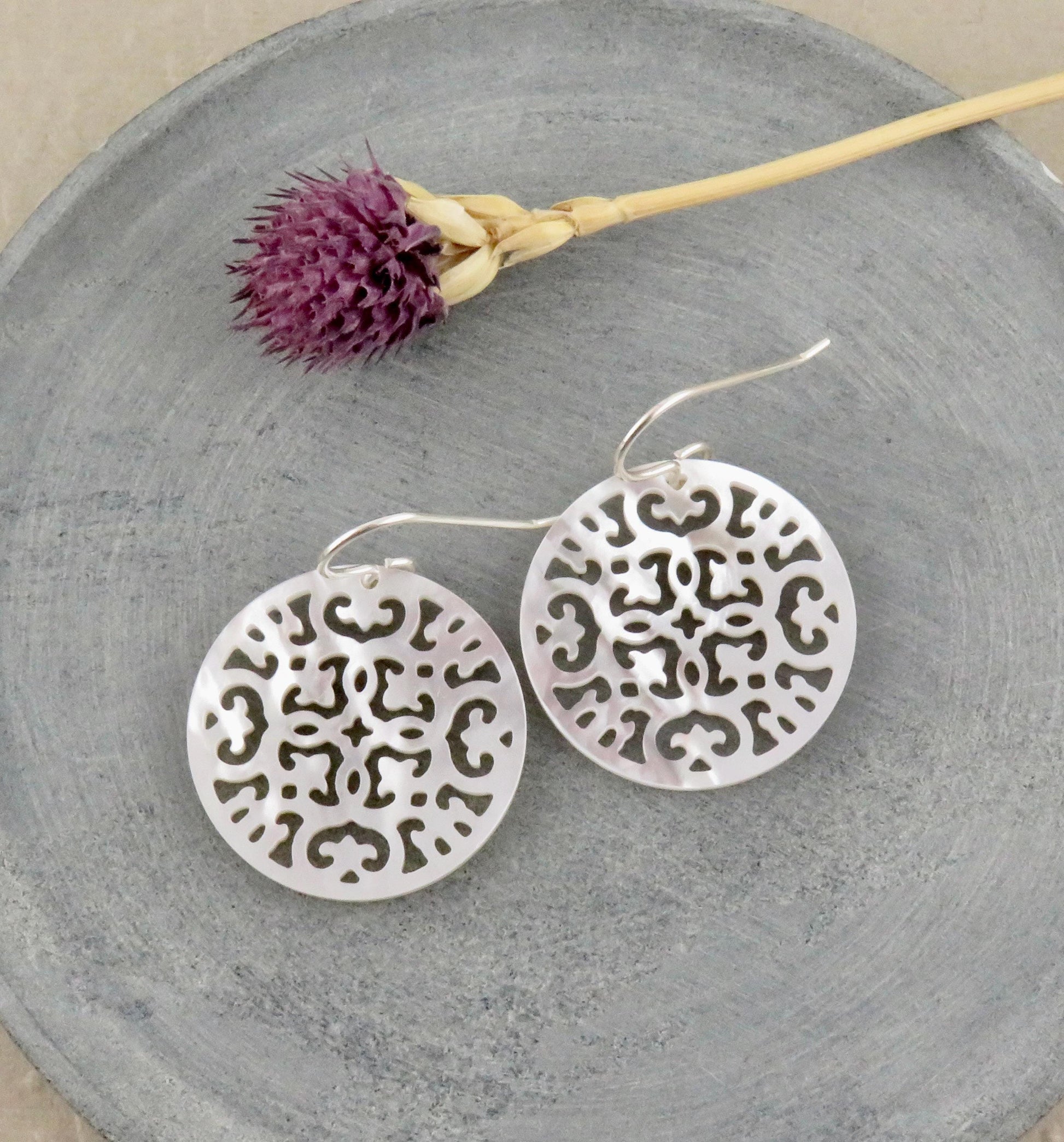 Mother of Pearl Earrings | Pearl Mandala Earrings | Pearl Geometric Earrings | Mother of Pearl Round Earrings | White Pearl Cut Out Earrings