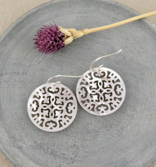 Mother of Pearl Earrings | Pearl Mandala Earrings | Pearl Geometric Earrings | Mother of Pearl Round Earrings | White Pearl Cut Out Earrings