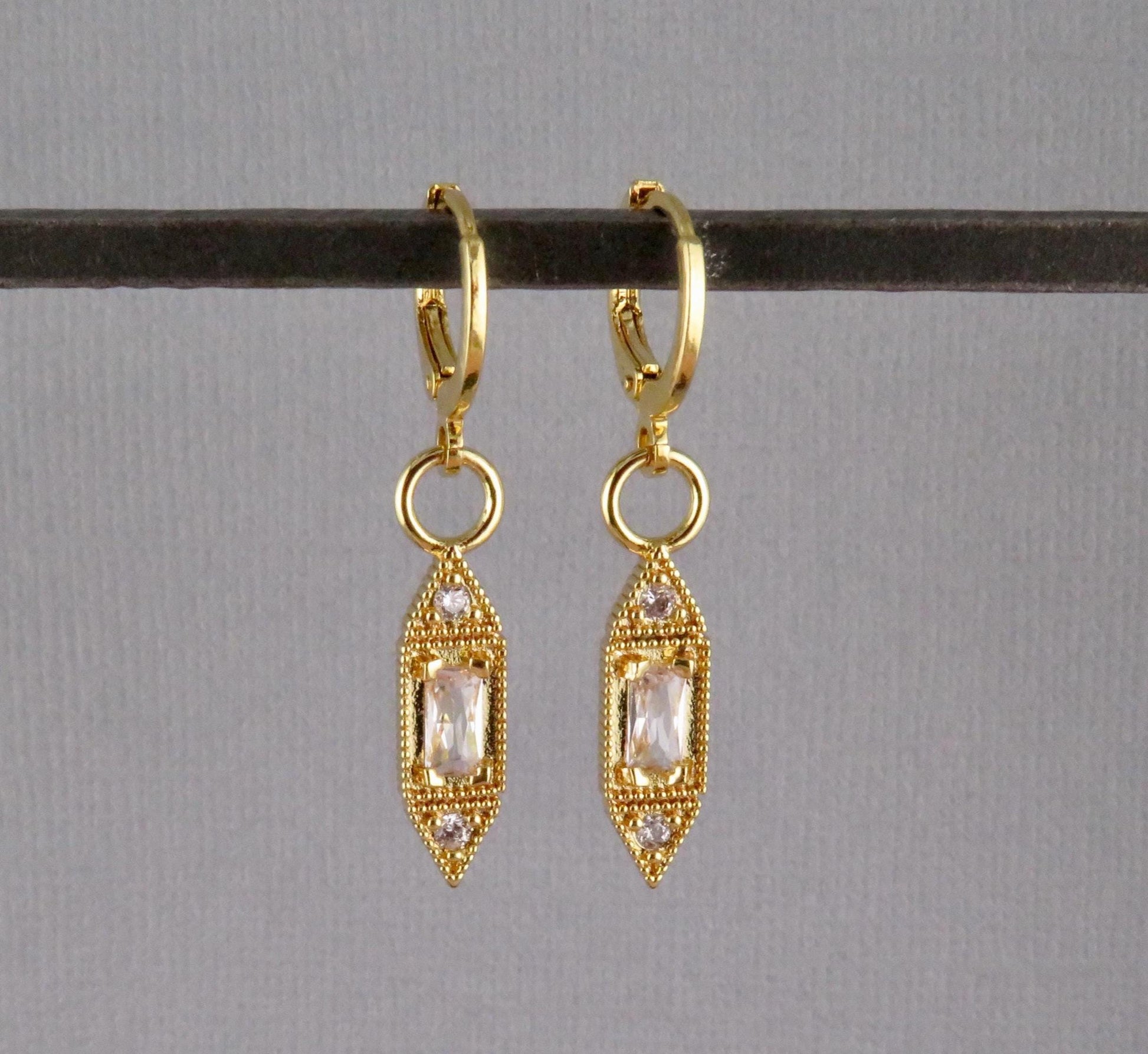 Gold Geometric Sparkly Earrings | CZ Gold Bar Earrings | Gold Geo Hoop Earrings | Sparkly Gold Drop Earrings | Fancy Gold Shapes Earrings
