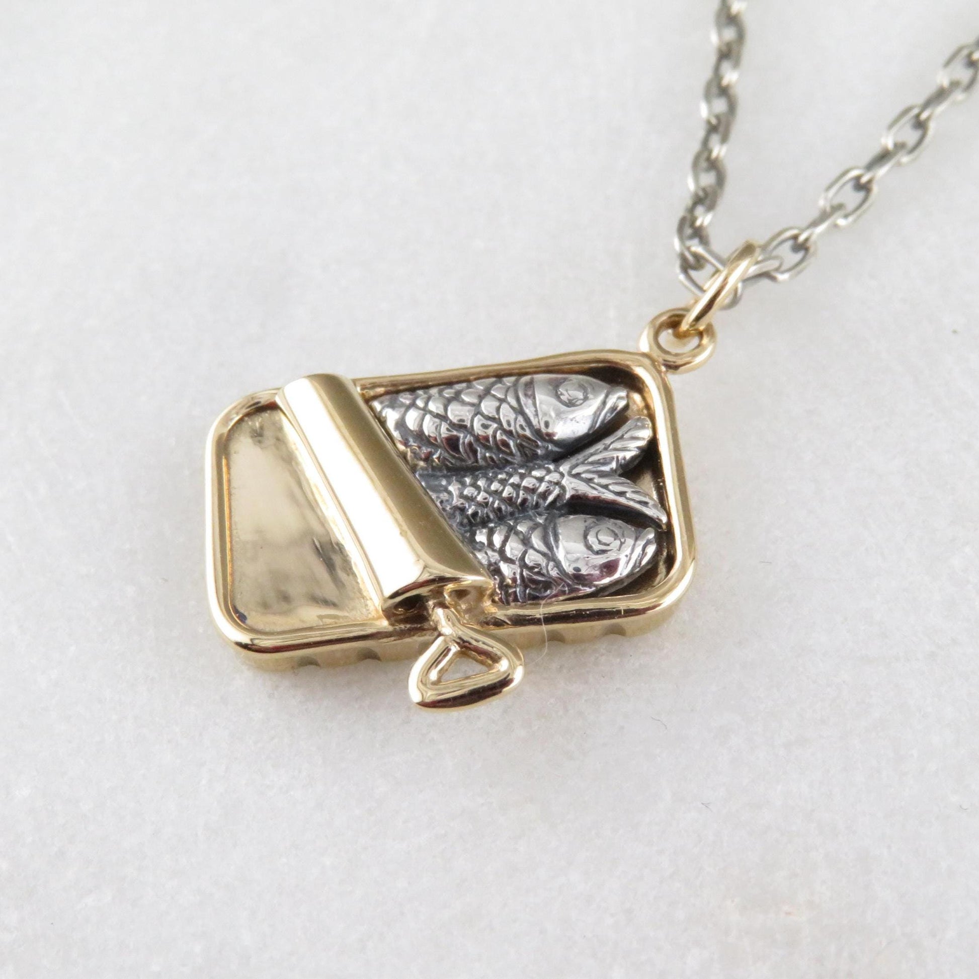 Sardines Necklace | Tin of Sardines Charm | Sterling Fish Necklace | Mixed Metal Sardines Pendant | Two Tone Tin of Sardines | Sardine Lover
