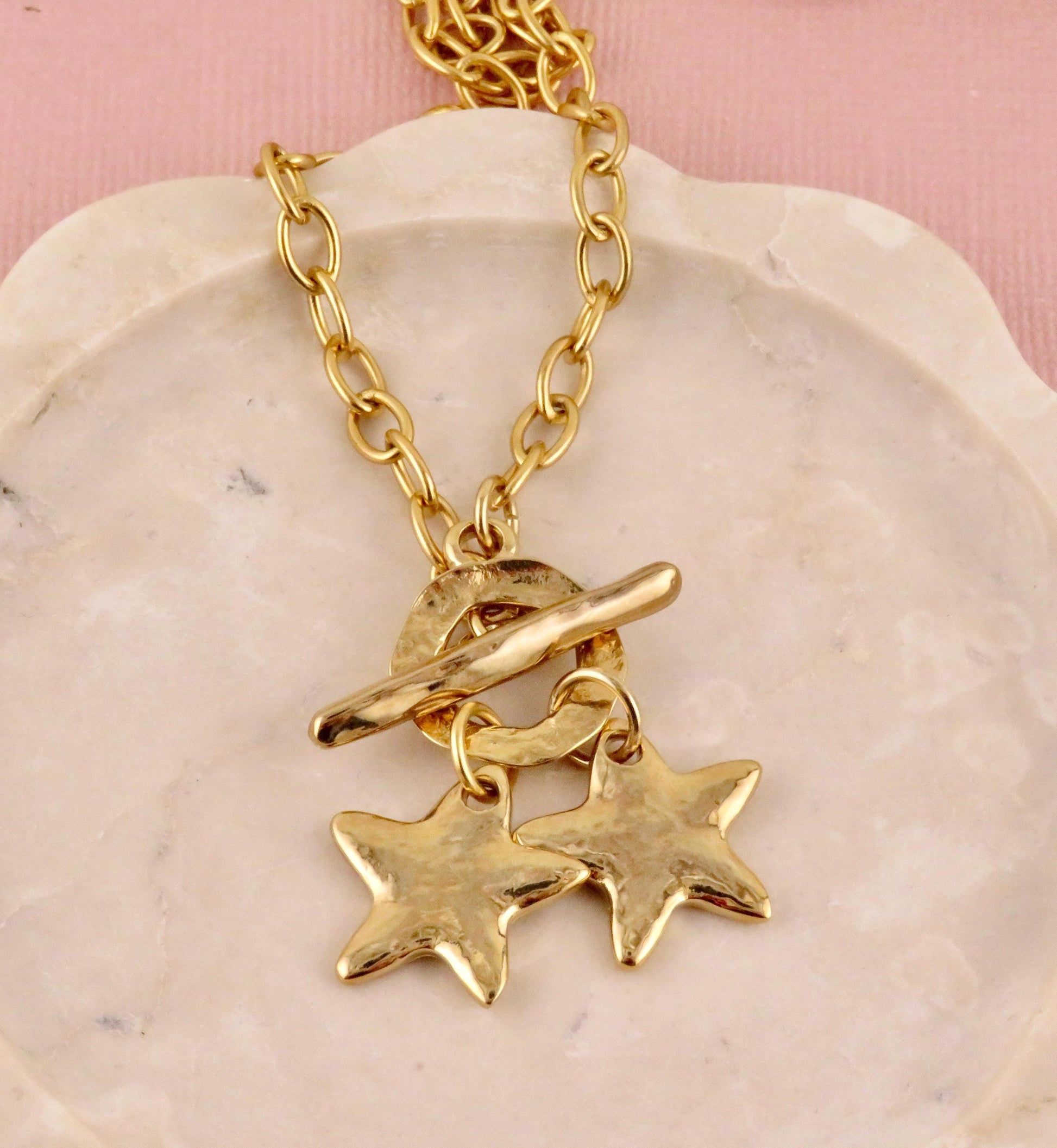Hammered Gold Stars Necklace | Two Stars Necklace | Unique Star Necklace | Front Toggle Star Necklace