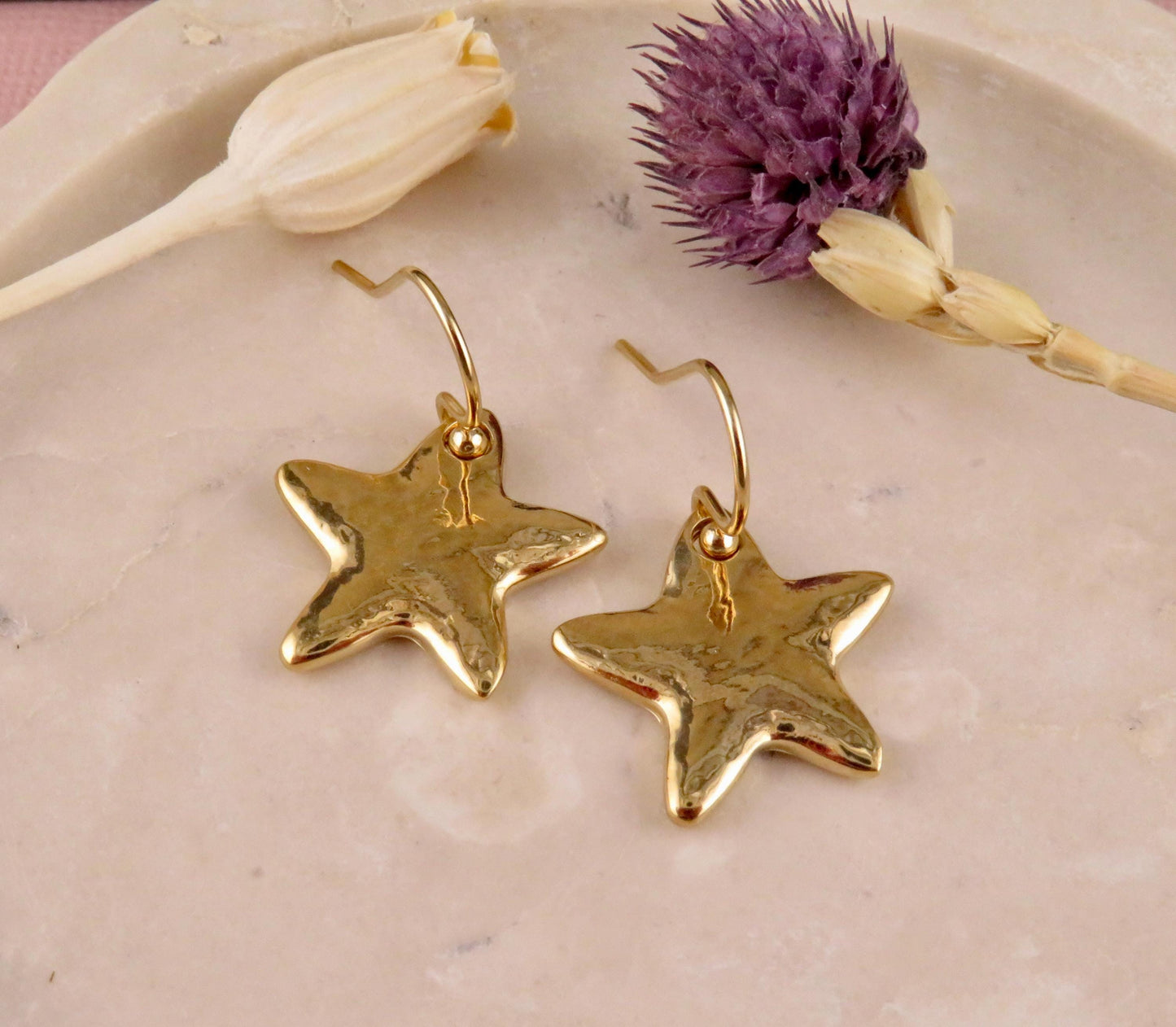 Hammered Gold Stars Necklace | Two Stars Necklace | Unique Star Necklace | Front Toggle Star Necklace