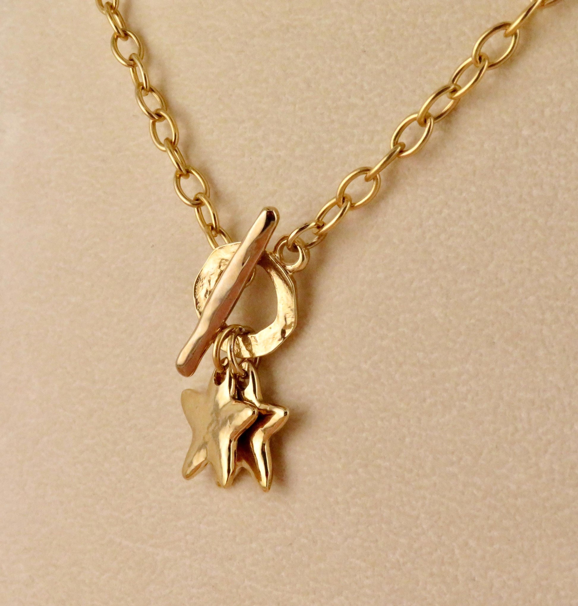 Hammered Gold Stars Necklace | Two Stars Necklace | Unique Star Necklace | Front Toggle Star Necklace