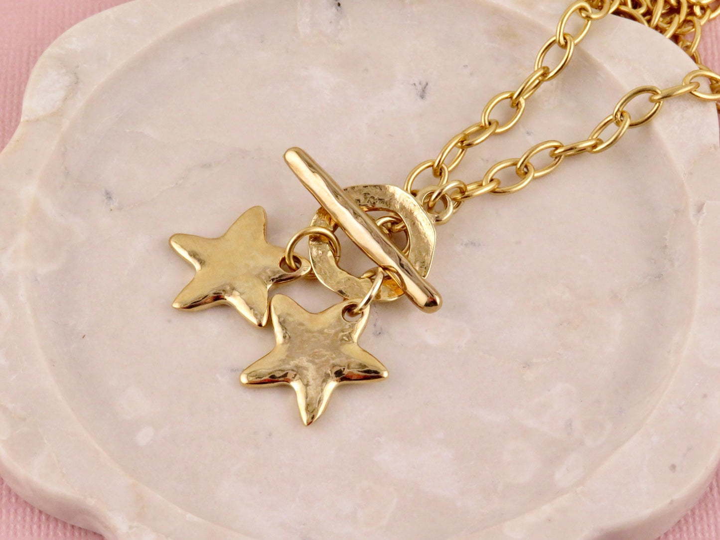 Hammered Gold Stars Necklace | Two Stars Necklace | Unique Star Necklace | Front Toggle Star Necklace