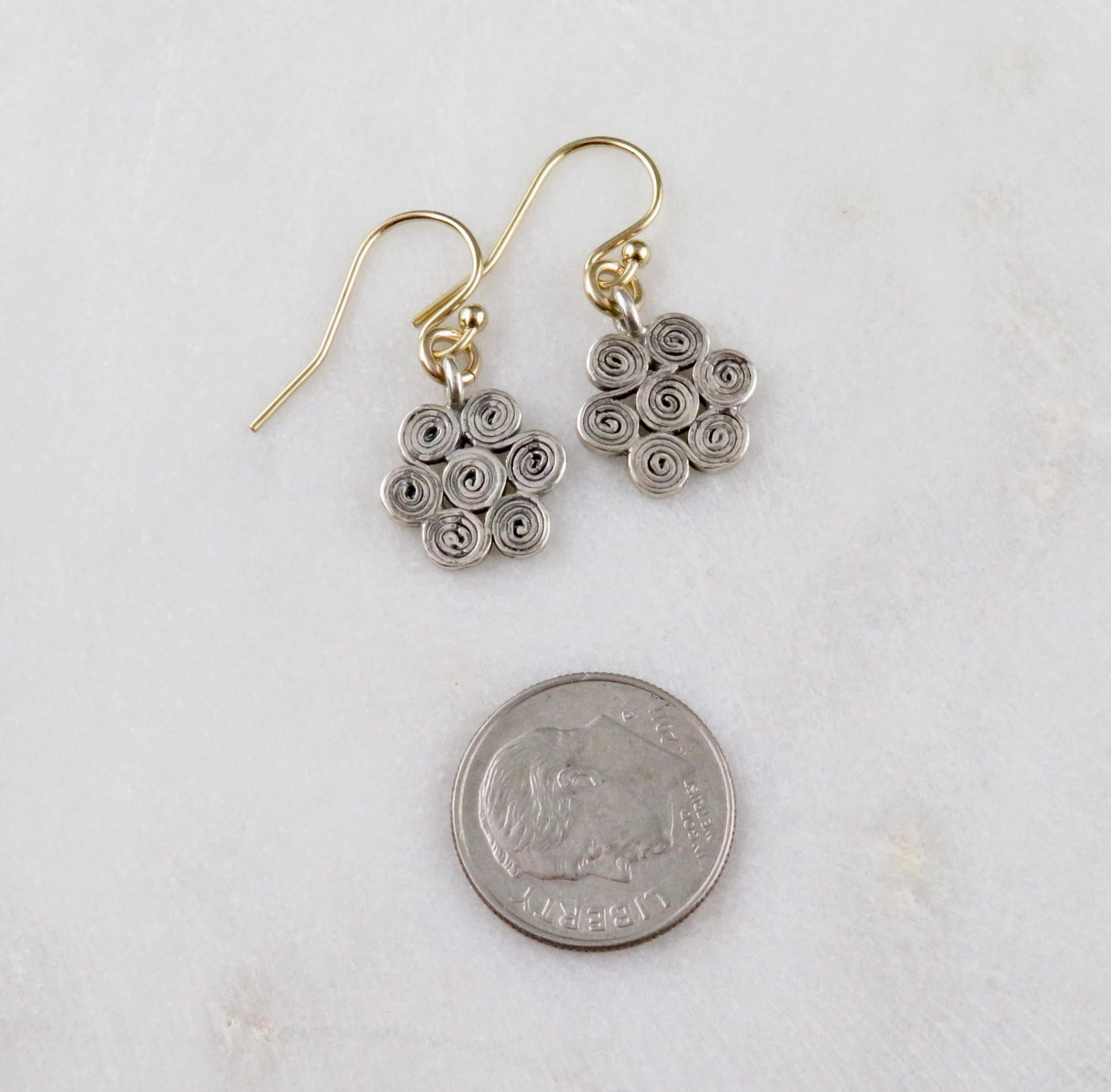 Sterling Spiral Earrings | Mixed Metal Earrings | Silver Flower Earrings | Flower Spirals | Geometric Earrings