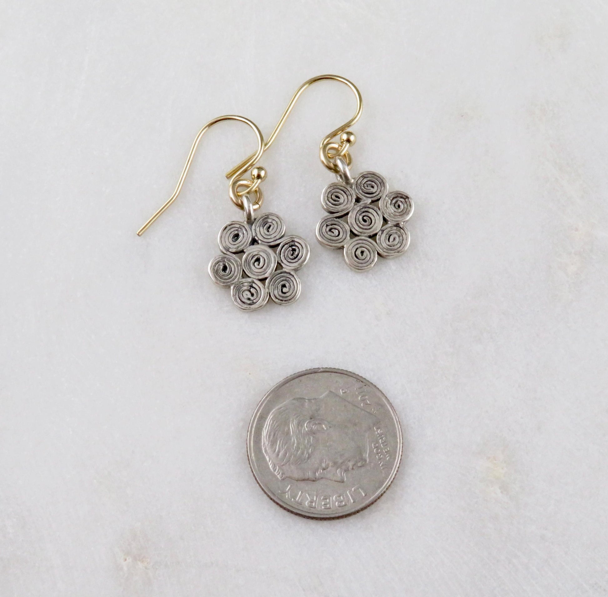 Sterling Spiral Earrings | Mixed Metal Earrings | Silver Flower Earrings | Flower Spirals | Geometric Earrings
