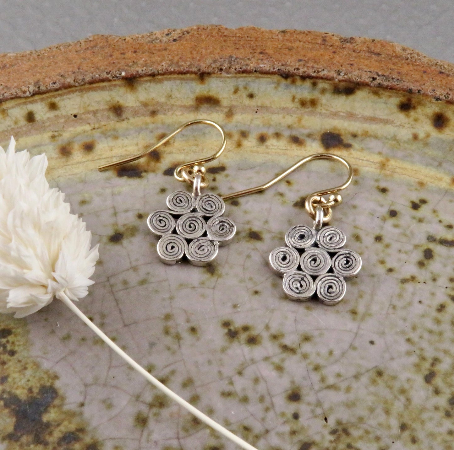 Sterling Spiral Earrings | Mixed Metal Earrings | Silver Flower Earrings | Flower Spirals | Geometric Earrings