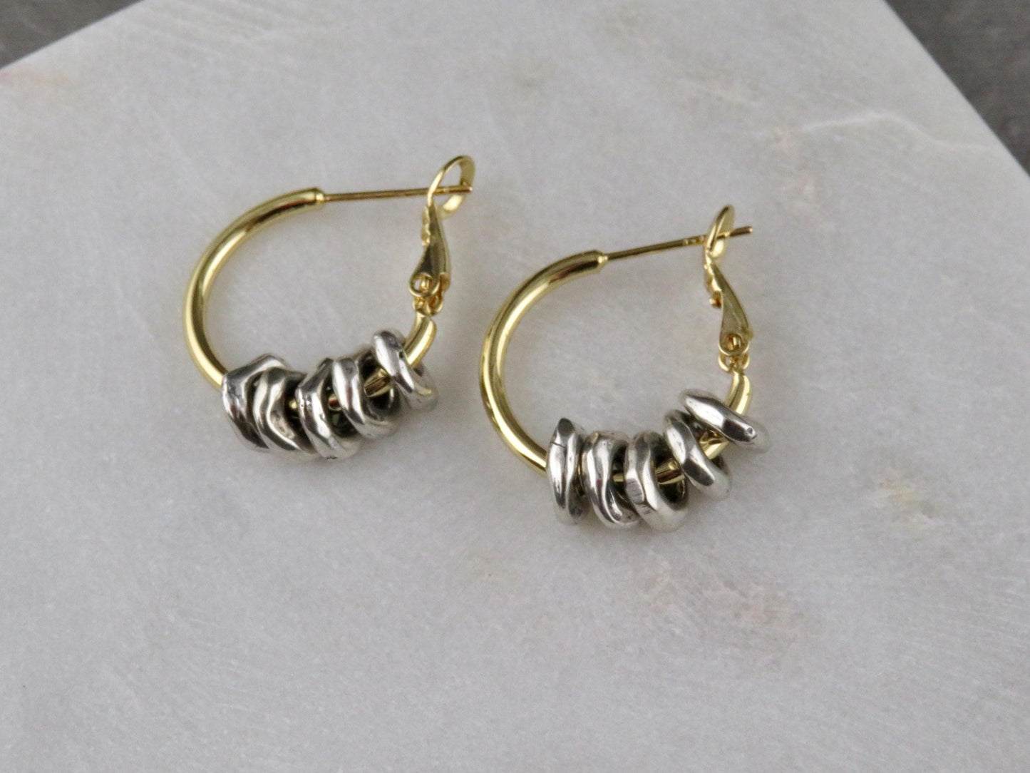 Two Tone Hoop Earrings | Silver and Gold Earrings | Mixed Metal Earrings | Hammered Hoops | Silver Dangles | Unique Hoops