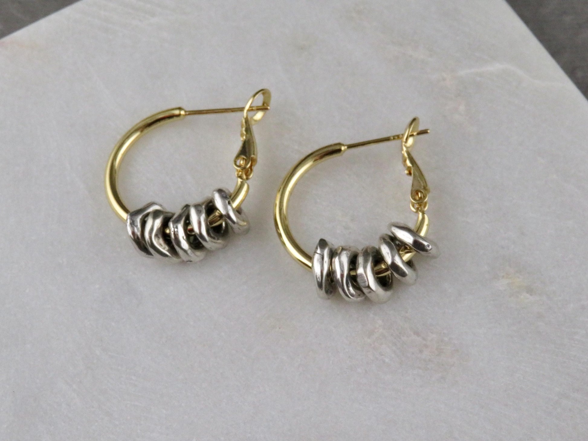 Two Tone Hoop Earrings | Silver and Gold Earrings | Mixed Metal Earrings | Hammered Hoops | Silver Dangles | Unique Hoops