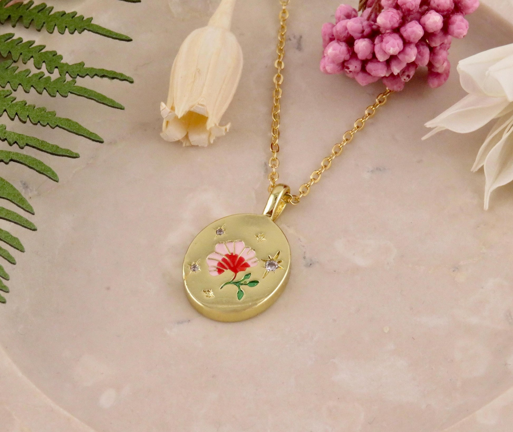 Gold Flower Necklace | Colorful Gold Floral Necklace | CZ Gold Flower Charm | Enamel Flower Pendant