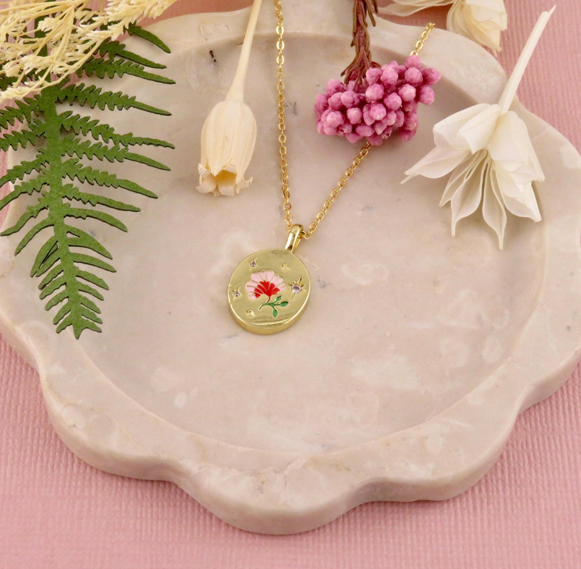 Gold Flower Necklace | Colorful Gold Floral Necklace | CZ Gold Flower Charm | Enamel Flower Pendant