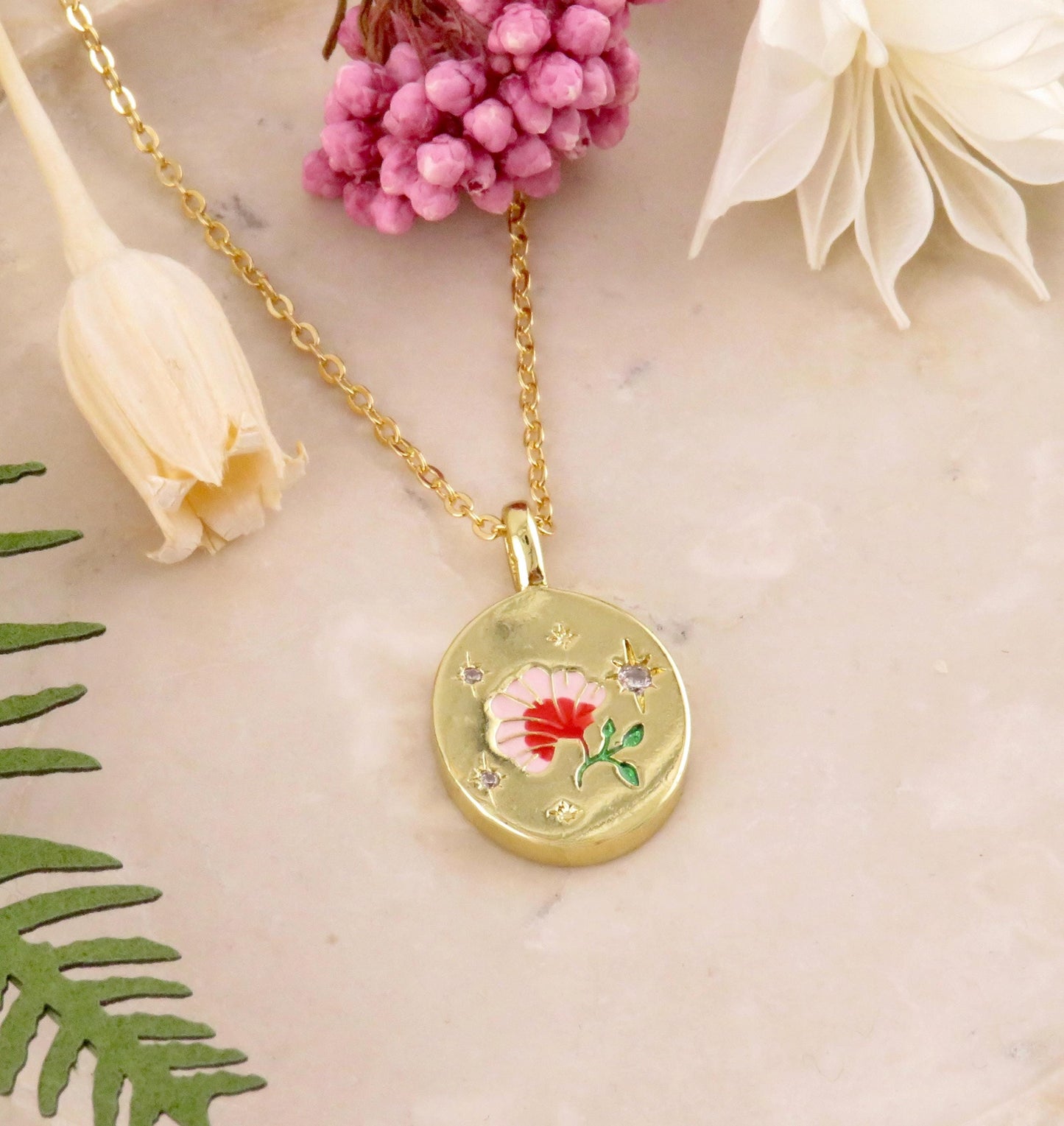 Gold Flower Necklace | Colorful Gold Floral Necklace | CZ Gold Flower Charm | Enamel Flower Pendant