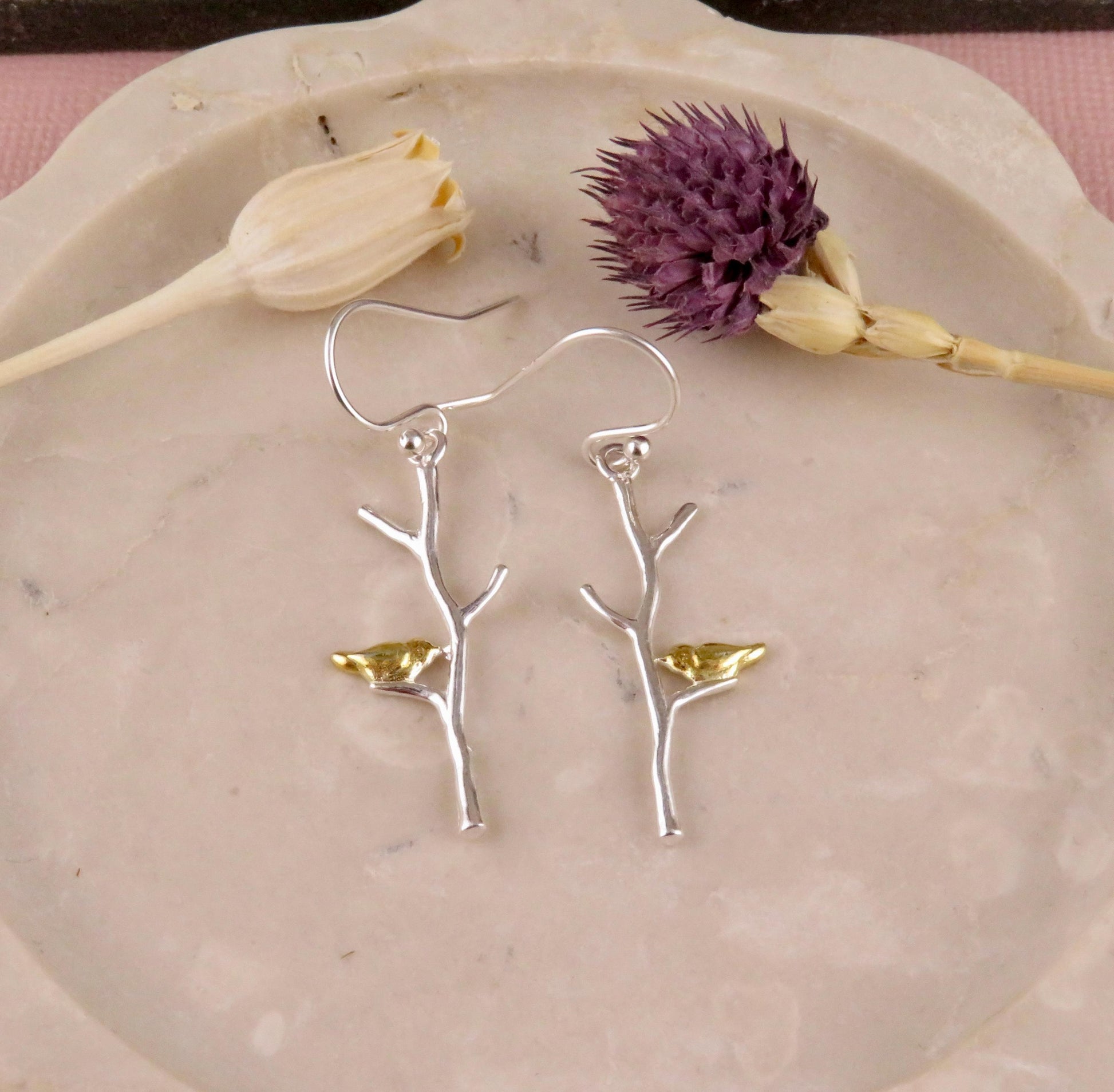 Bird on Branch Earrings - Sterling