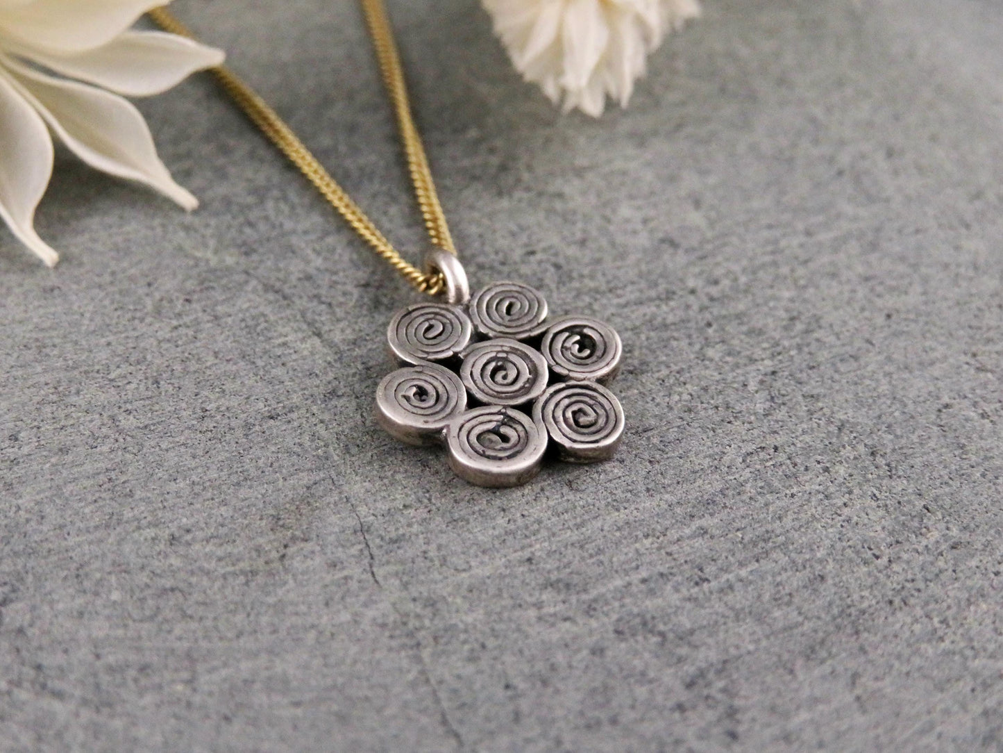 Sterling Flower Necklace | Mixed Metal Necklace | Silver Flower Necklace | Flower Spirals Pendant | Geometric Necklace | Two Tone Necklace