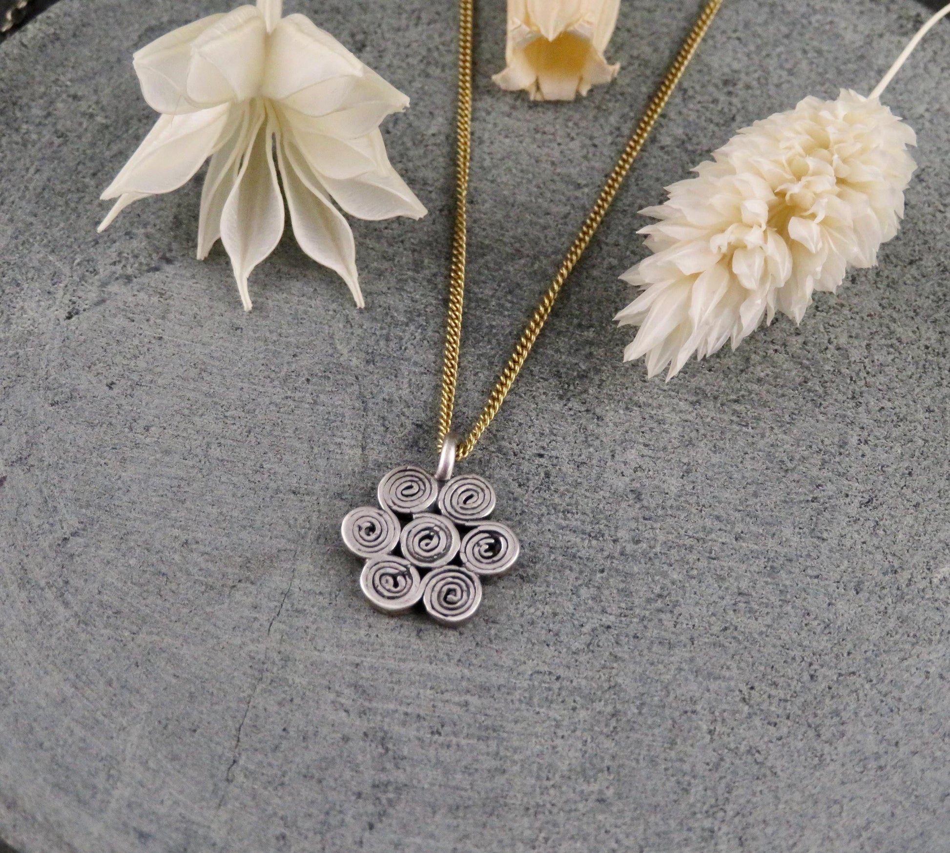 Sterling Flower Necklace | Mixed Metal Necklace | Silver Flower Necklace | Flower Spirals Pendant | Geometric Necklace | Two Tone Necklace