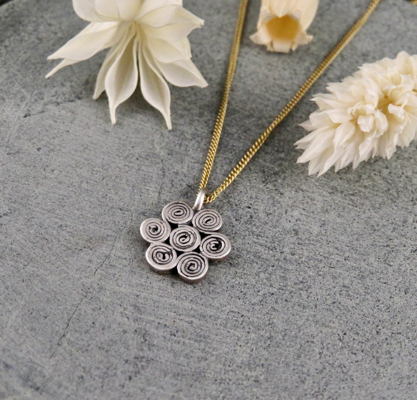 Sterling Flower Necklace | Mixed Metal Necklace | Silver Flower Necklace | Flower Spirals Pendant | Geometric Necklace | Two Tone Necklace