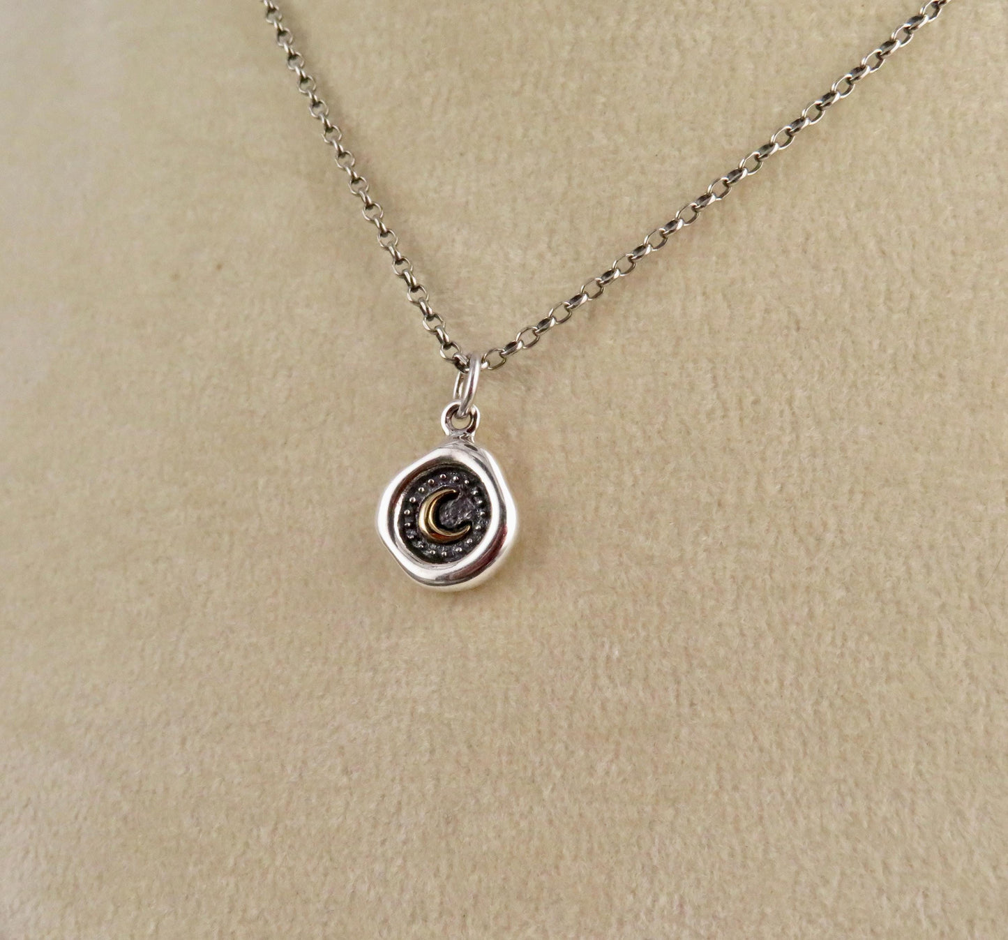 Sterling Moon Necklace | Rustic Moon Necklace | Silver Gold Wax Seal | Mixed Metal Moon | Framed Moon Coin
