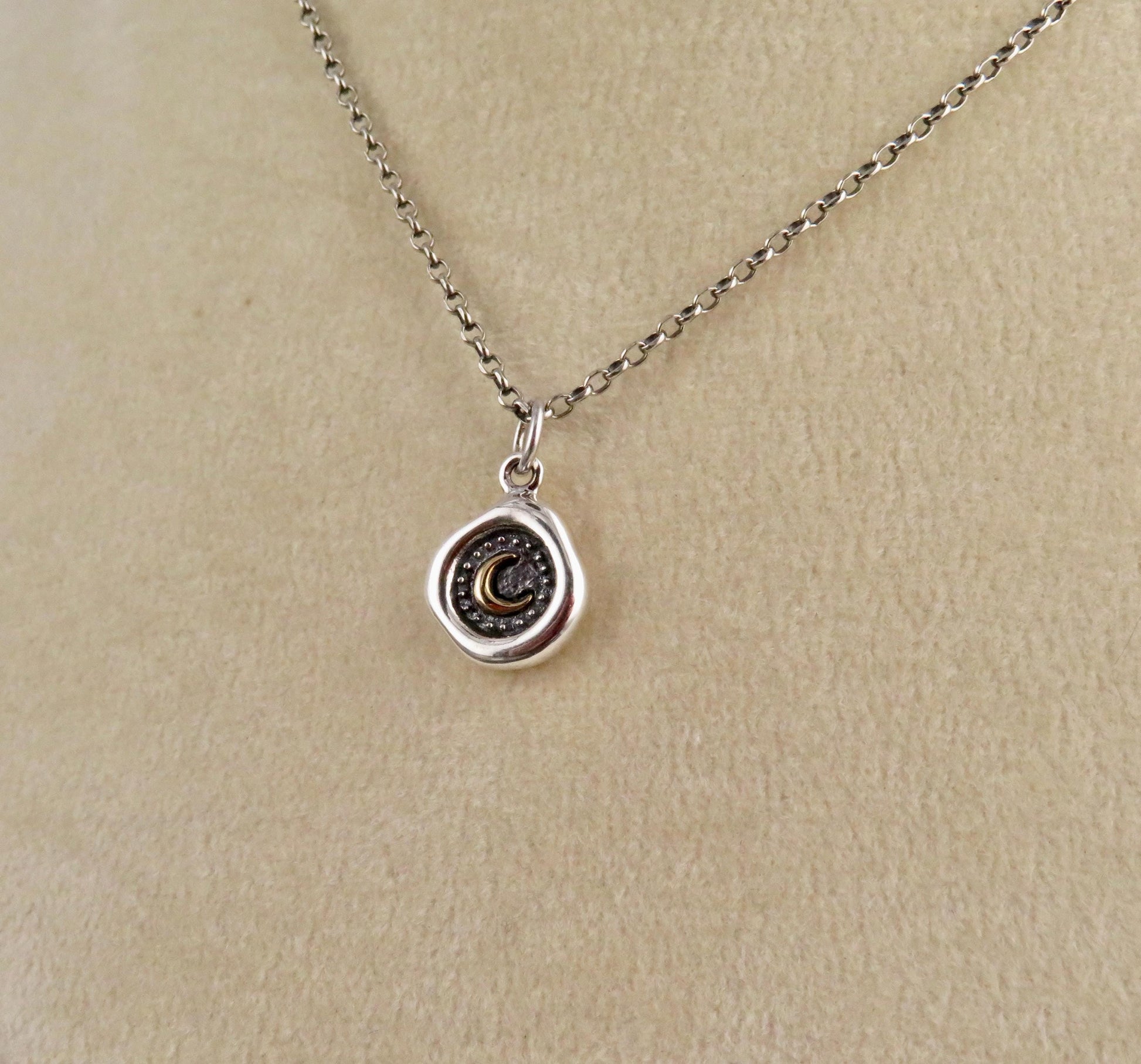 Sterling Moon Necklace | Rustic Moon Necklace | Silver Gold Wax Seal | Mixed Metal Moon | Framed Moon Coin