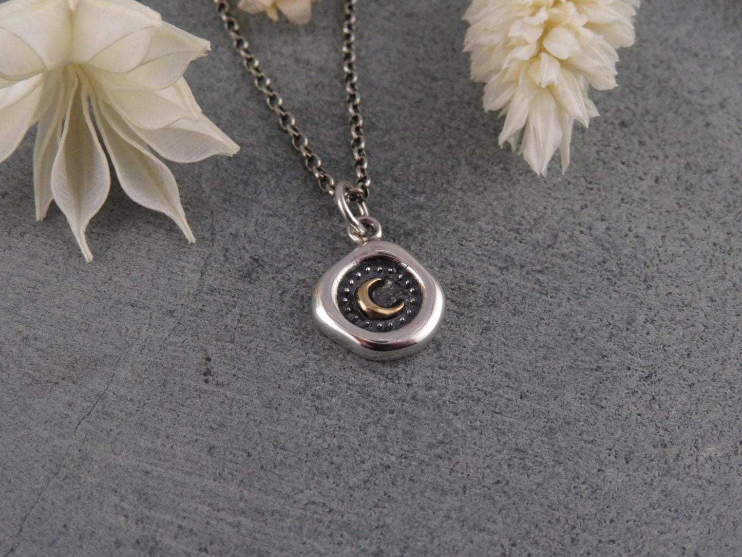 Sterling Moon Necklace | Rustic Moon Necklace | Silver Gold Wax Seal | Mixed Metal Moon | Framed Moon Coin