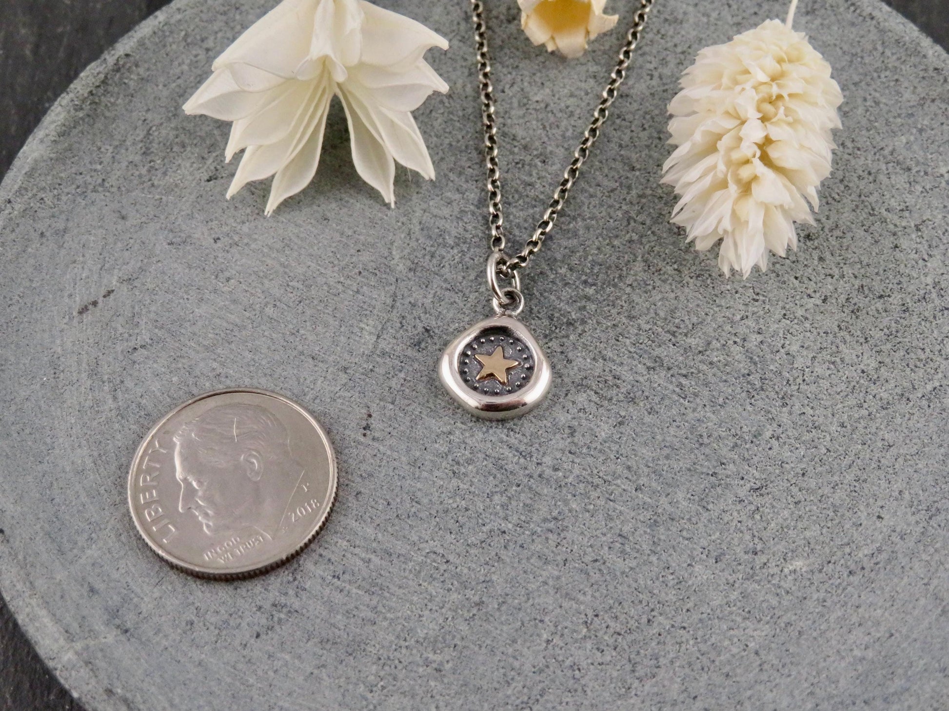 Sterling Star Necklace | Rustic Star Necklace | Silver Gold Star | Star Wax Seal | Mixed Metal Star | Framed Star Coin