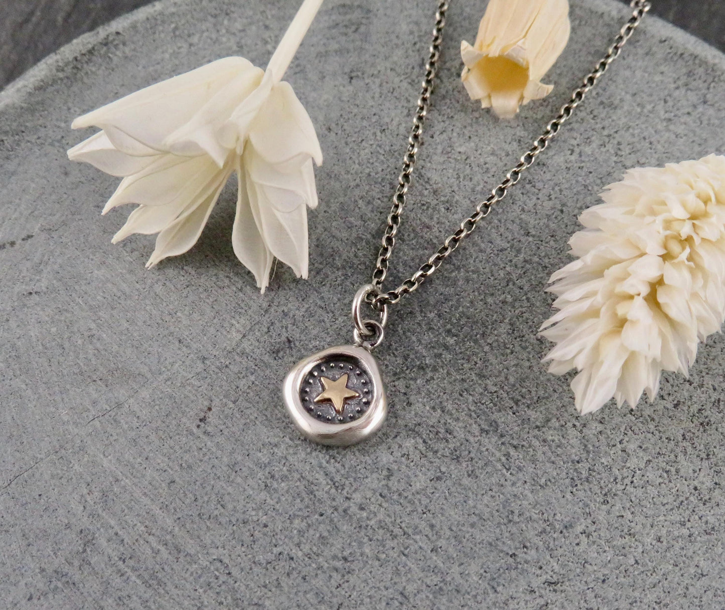 Sterling Star Necklace | Rustic Star Necklace | Silver Gold Star | Star Wax Seal | Mixed Metal Star | Framed Star Coin