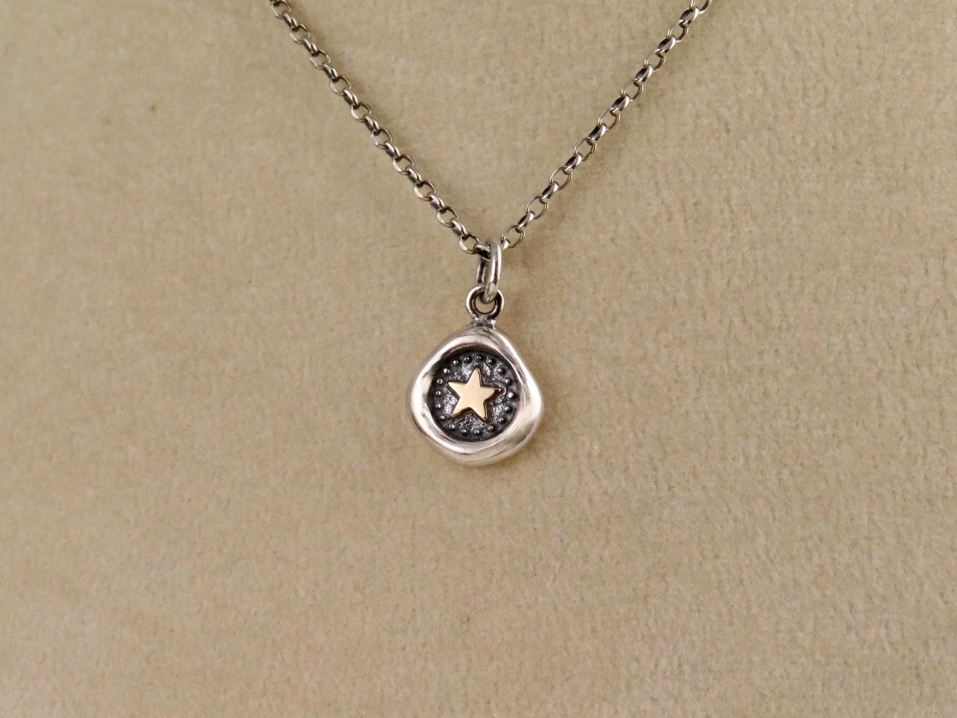 Sterling Star Necklace | Rustic Star Necklace | Silver Gold Star | Star Wax Seal | Mixed Metal Star | Framed Star Coin