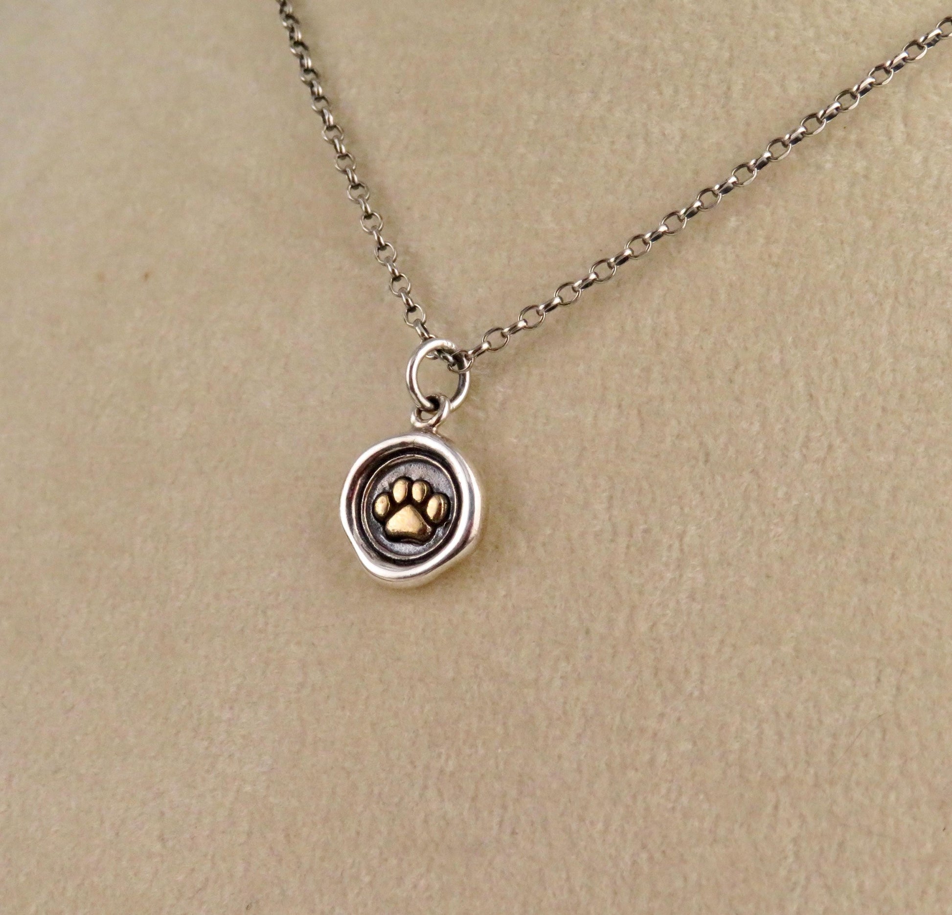 Sterling Paw Print Necklace | Animal Paw Wax Seal | Silver Gold Paw Charm | Love Animals | Animal Paw Necklace | Animal Rights Necklace