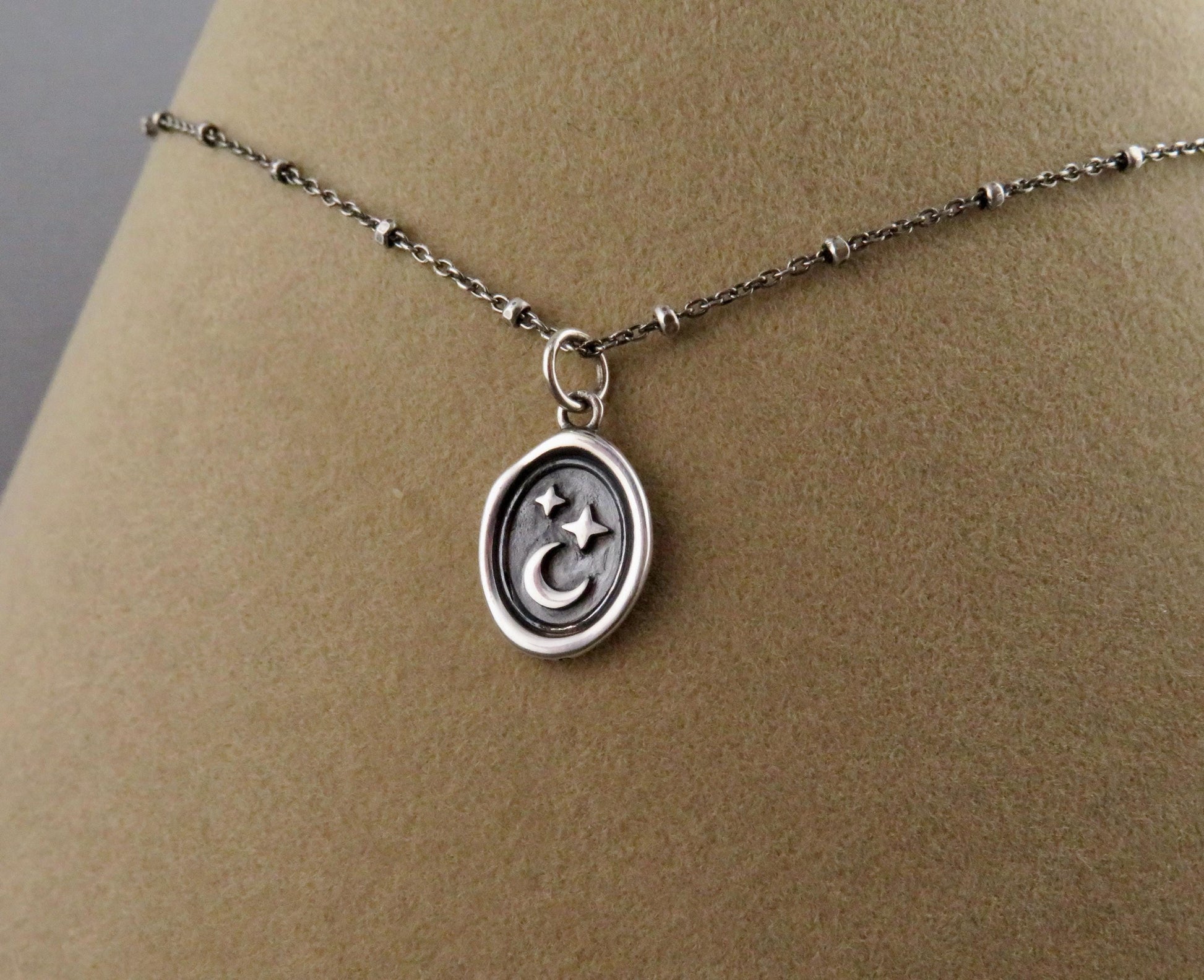Sterling Celestial Necklace | Silver Stars and Moon Pendant | Celestial Medallion | Imprint Star Moon | Wax Seal Celestial Charm