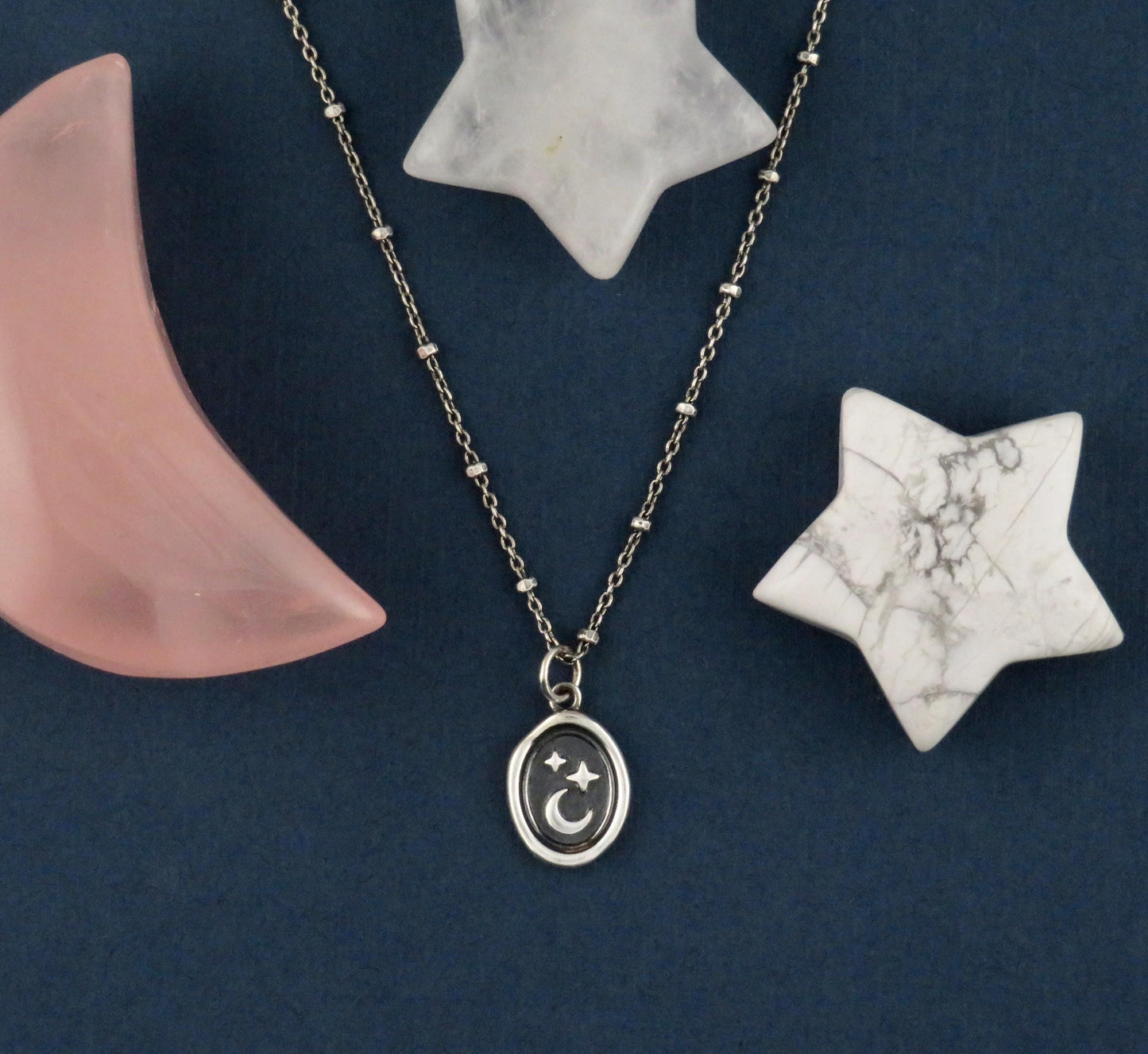 Sterling Celestial Necklace | Silver Stars and Moon Pendant | Celestial Medallion | Imprint Star Moon | Wax Seal Celestial Charm