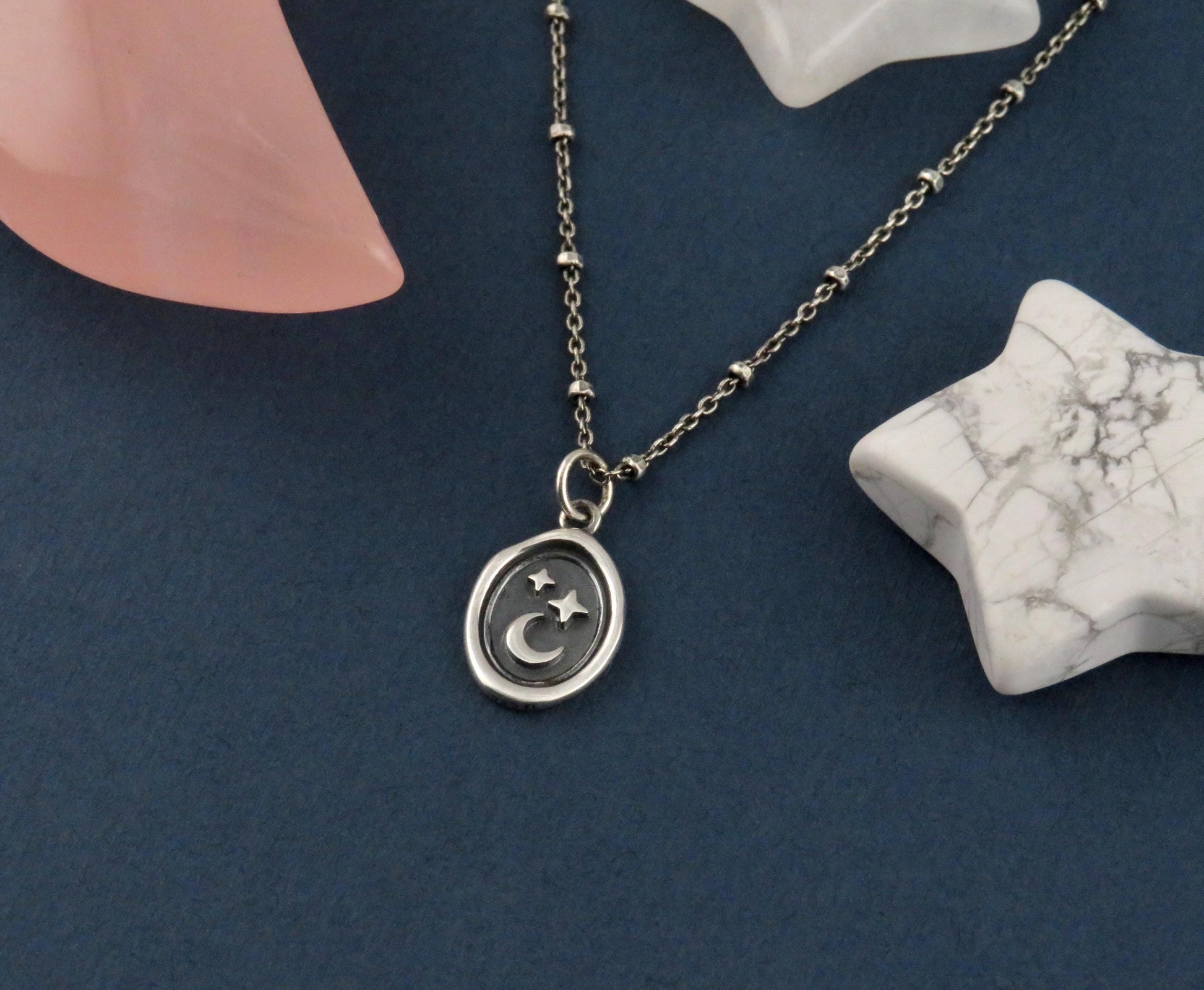 Sterling Celestial Necklace | Silver Stars and Moon Pendant | Celestial Medallion | Imprint Star Moon | Wax Seal Celestial Charm