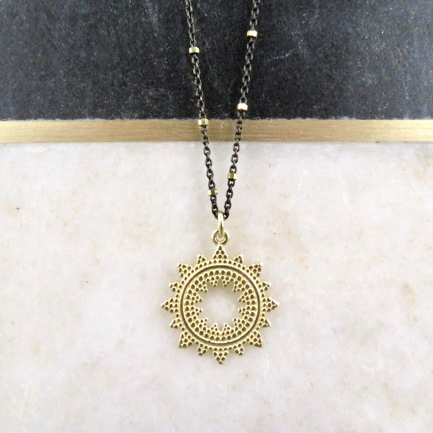 Mixed Metal Starburst Pendant | Gold Sunburst Medallion | Two Toned Geometric Necklace | Contrast Pendant